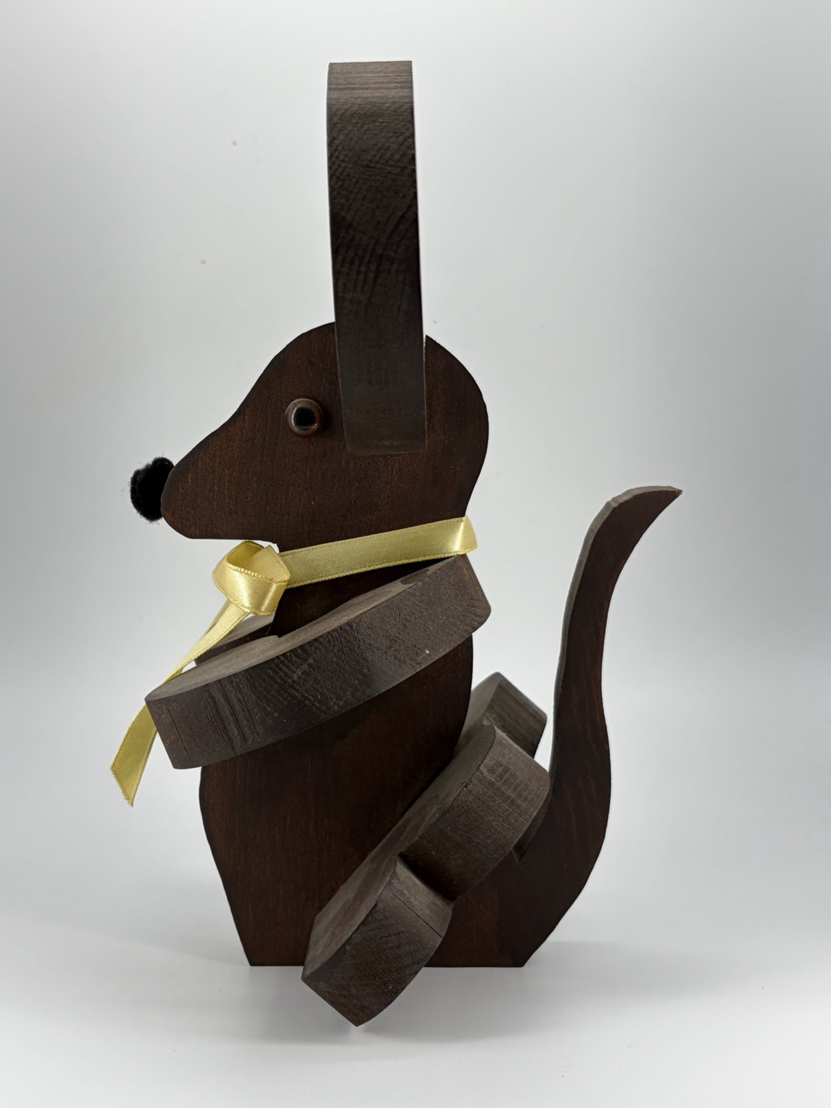 Wood Mouse Figurine 3D Effect Woodgrain Brown Yellow Ribbon Animal Sculpture