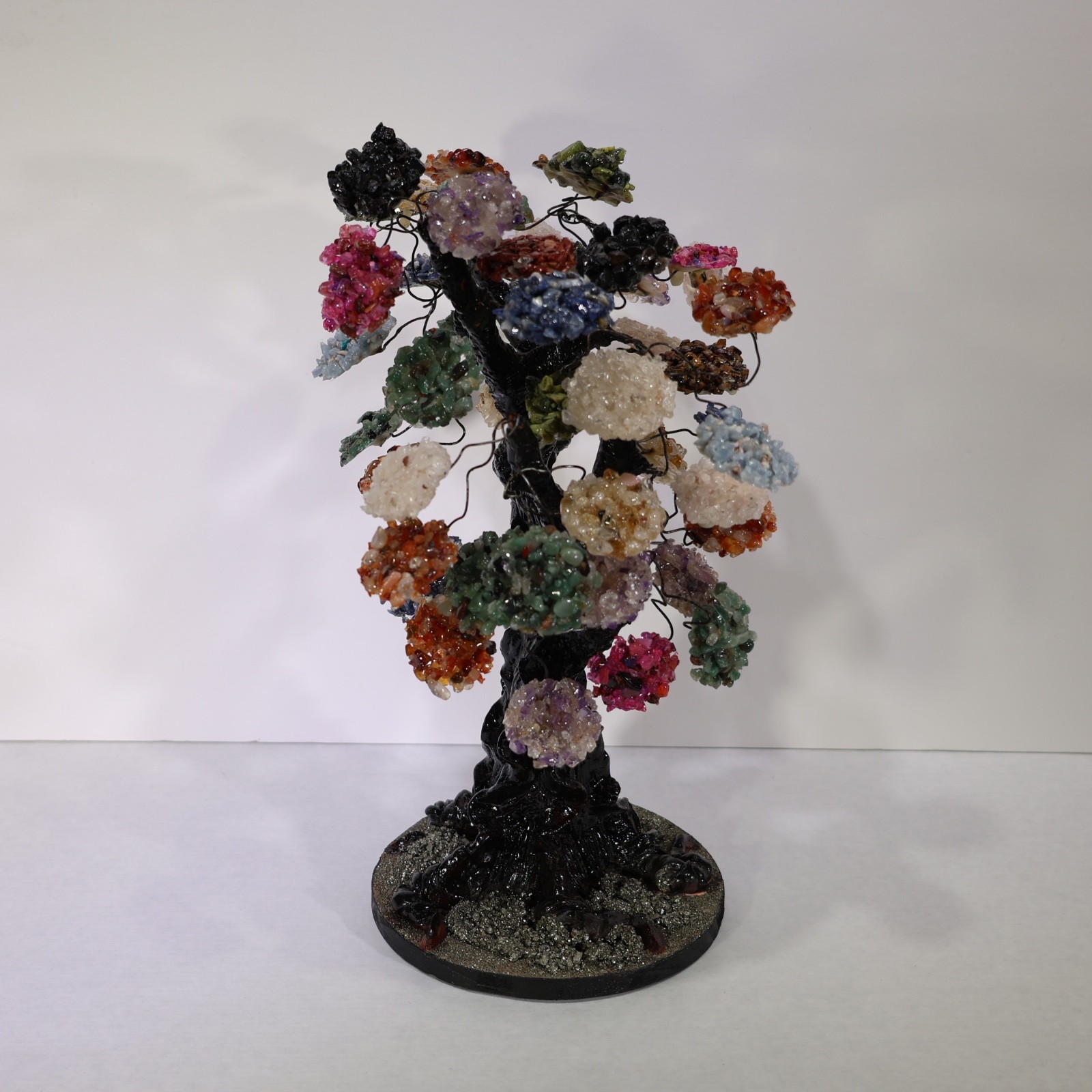 Bonsai Tree Stones LARGE Multicolor Stone tree with Pyrite on wood base 13″