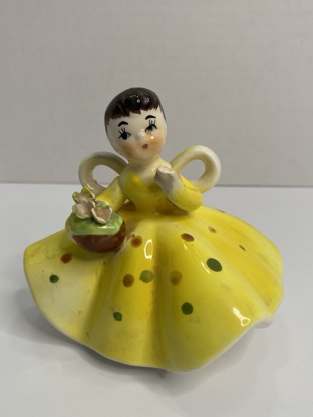 Vintage 1960s Ceramic Girl w/ Yellow Dress with Big Bow Tie Japan