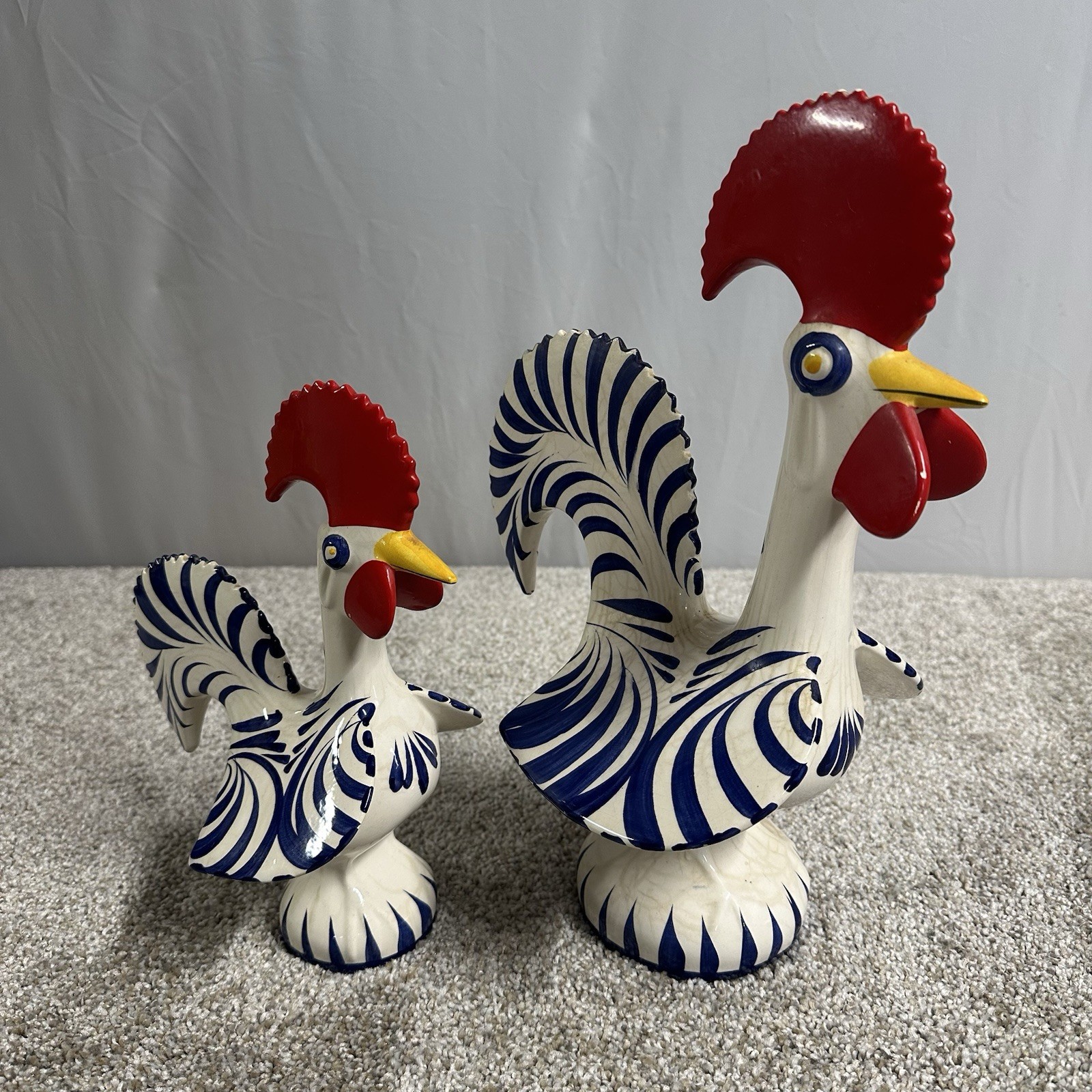 Portugal Ceramic Roosters RARE Set/2 Sculpture Figurines Hand Painted Unique