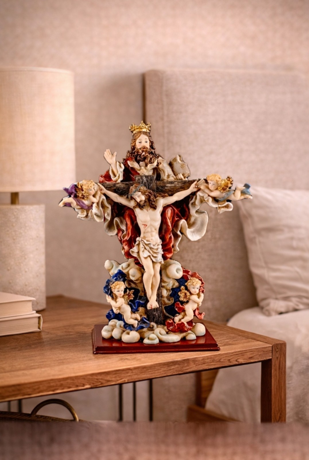 Autom, Holy Trinity – 18″ Resin Sculpture, Self Standing Crucifix on Wooden Base