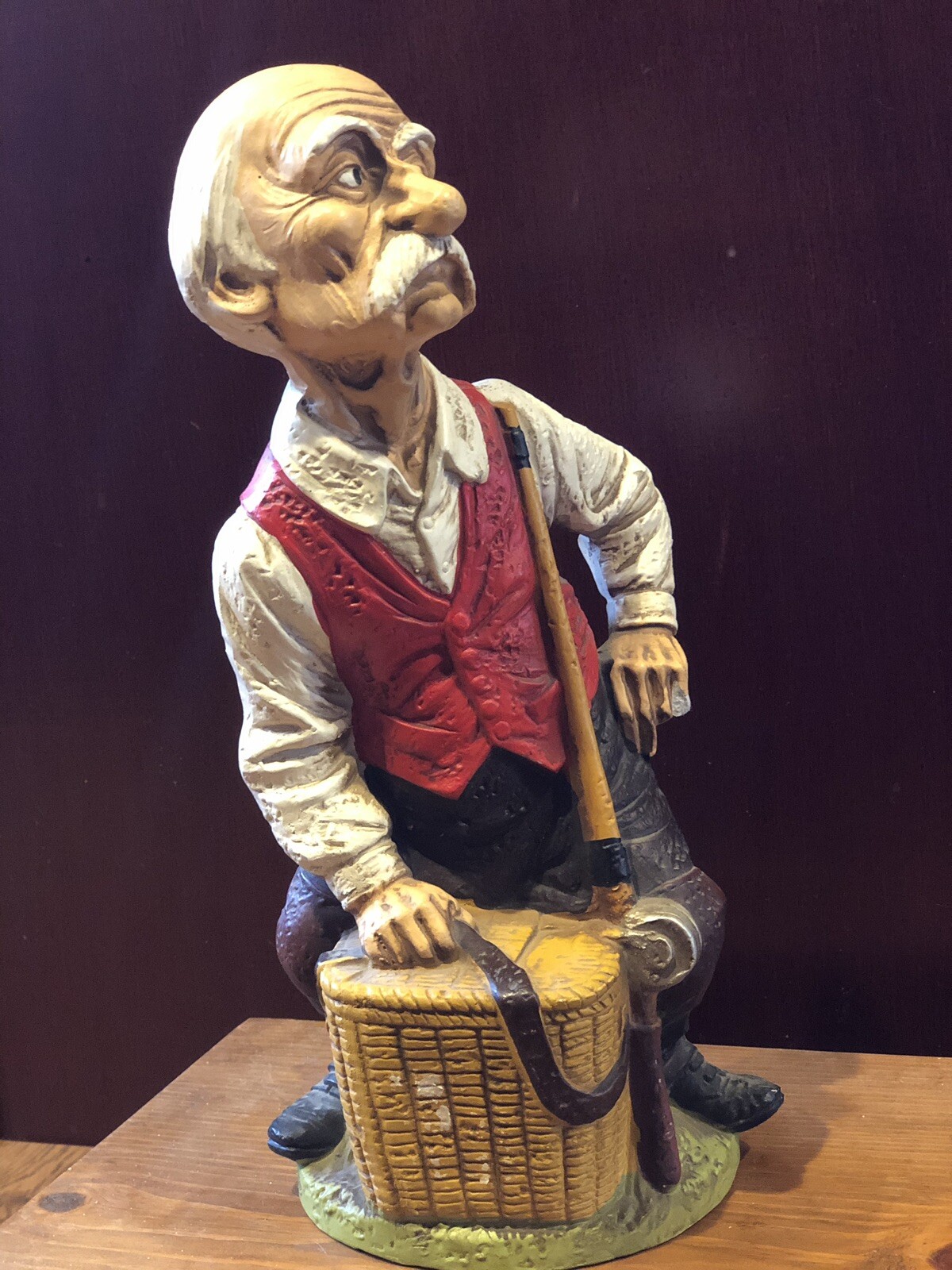 Vintage FISHING Old Man Figurine Bank 12.5″H Fisherman Boot Hill Wax Museum