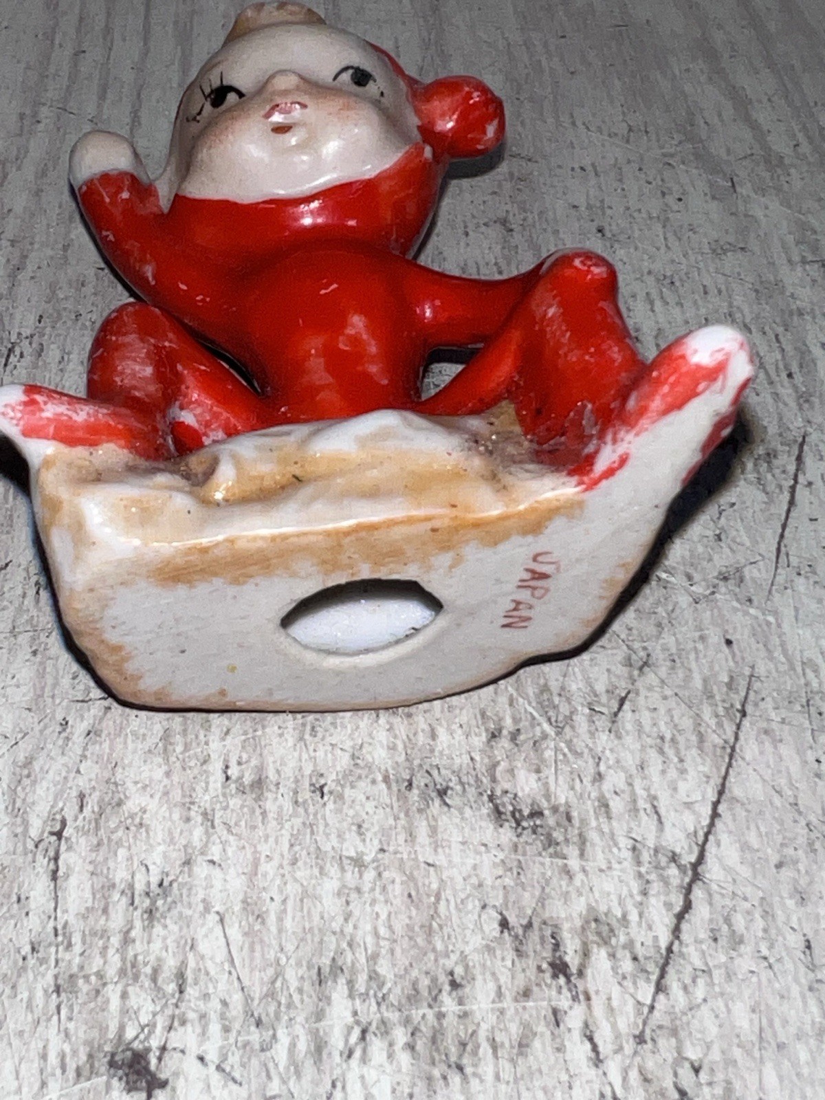 Vintage RED ELF PIXIE sitting on a log Figurine Ceramic Japan 2.5″ Tall