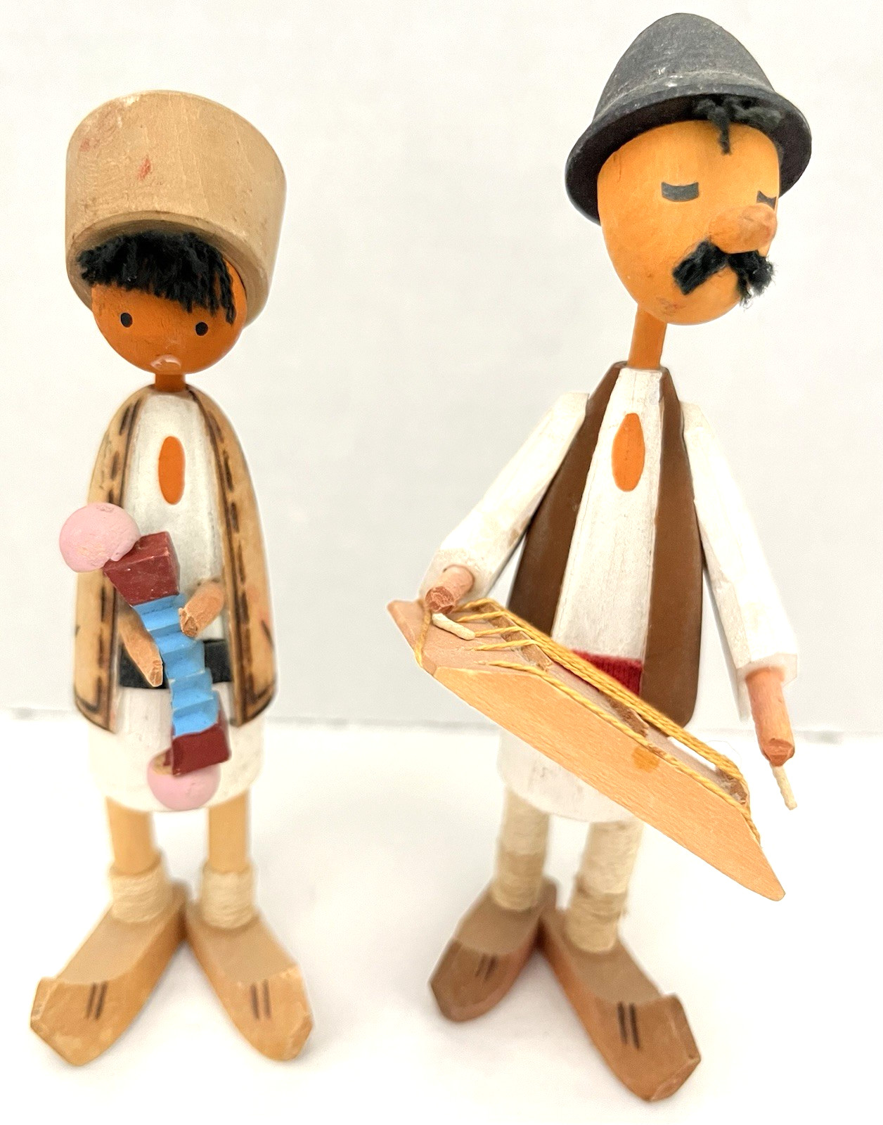 (2) Romanian Hand Carved Wood Folk Art Figures w/Musical Instruments Vintage