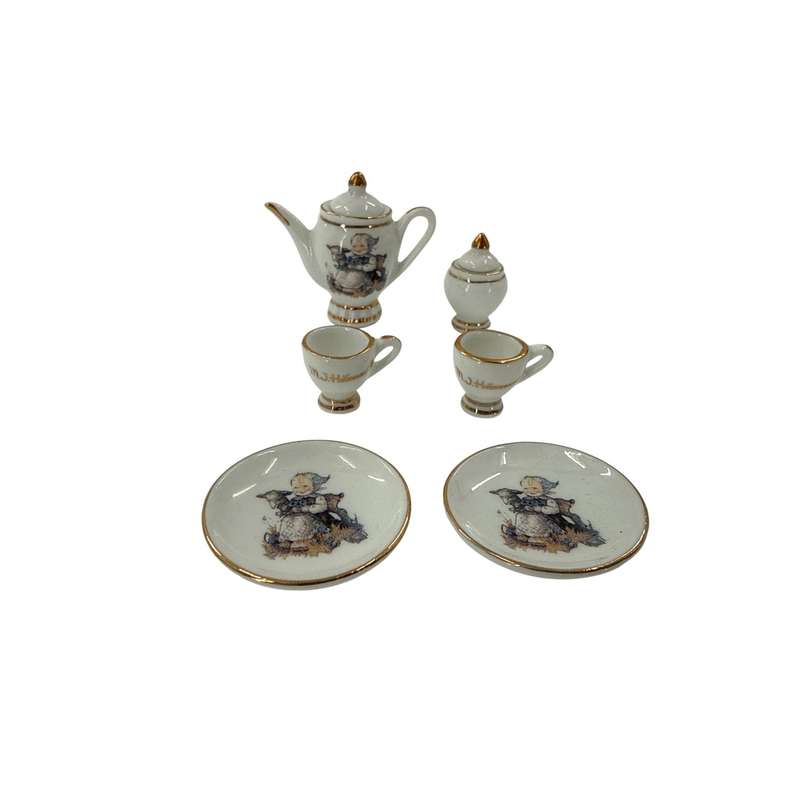 Reutter Porzellan Tea Set Unisex White Hummel Miniature Gold Trim 8pc Set