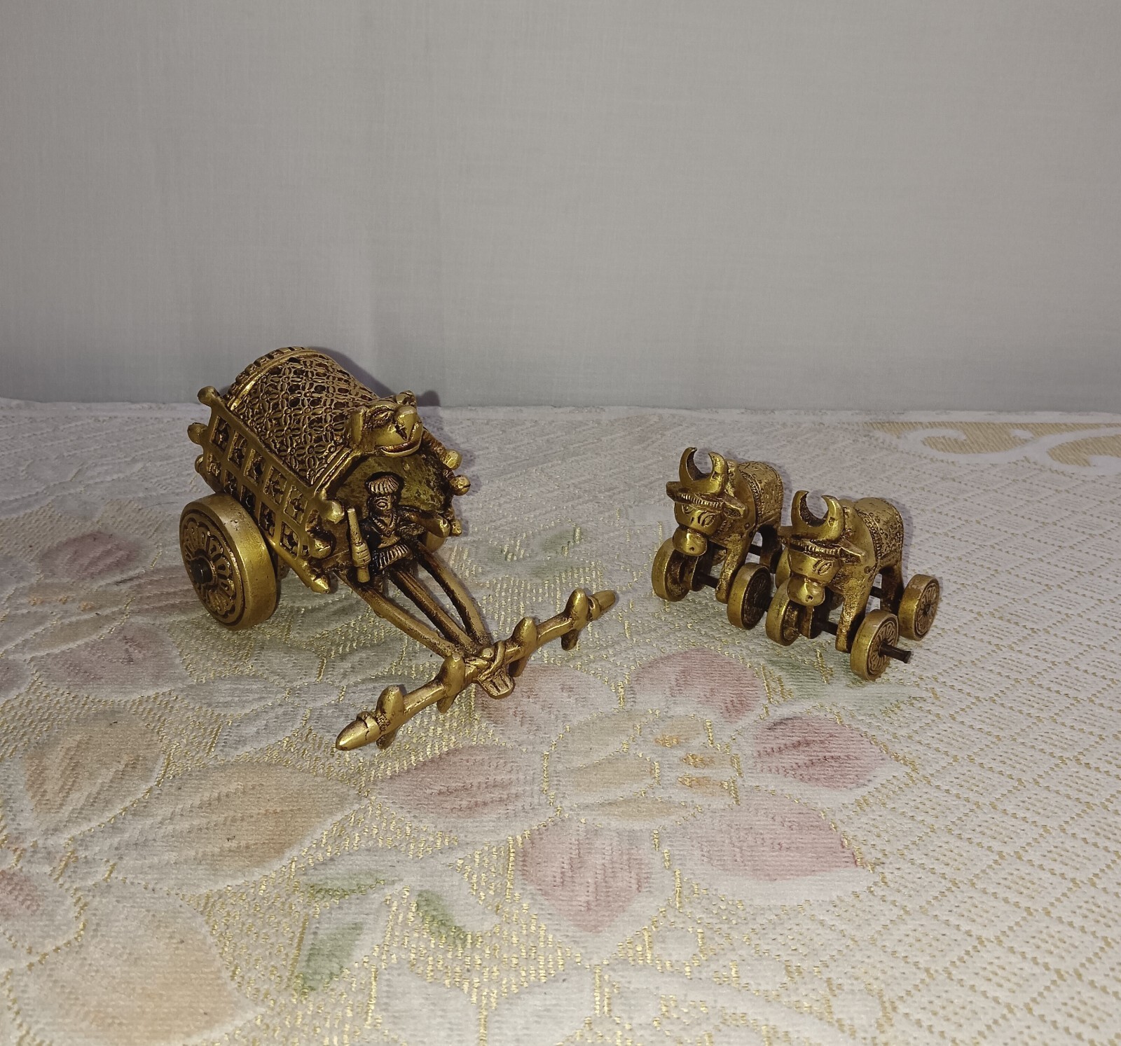 Farmer Riding Bull Cart Statue Bastar Art Brass Man Sitting on Buggy Idol CA127