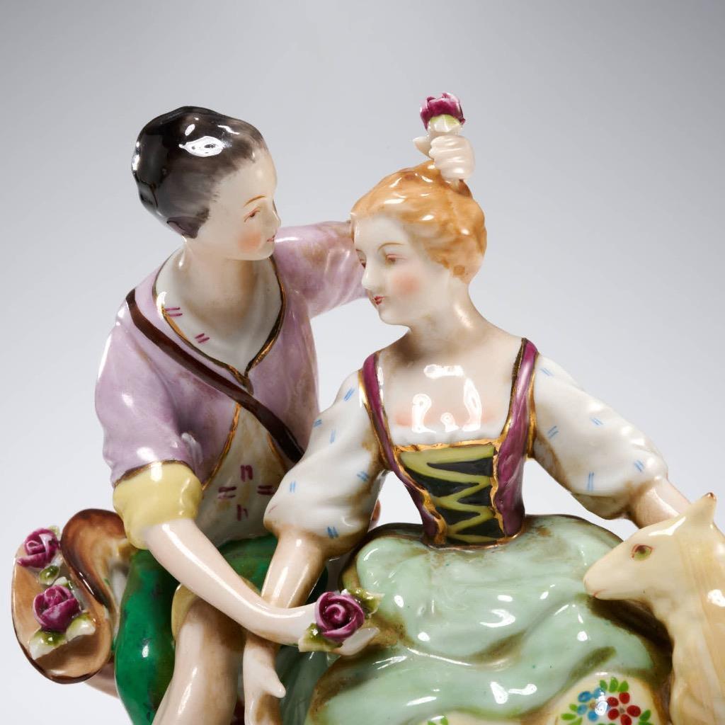 Dresden Style Hand Painted Porcelain Couple w Lamb Floral Figurine Figural Group