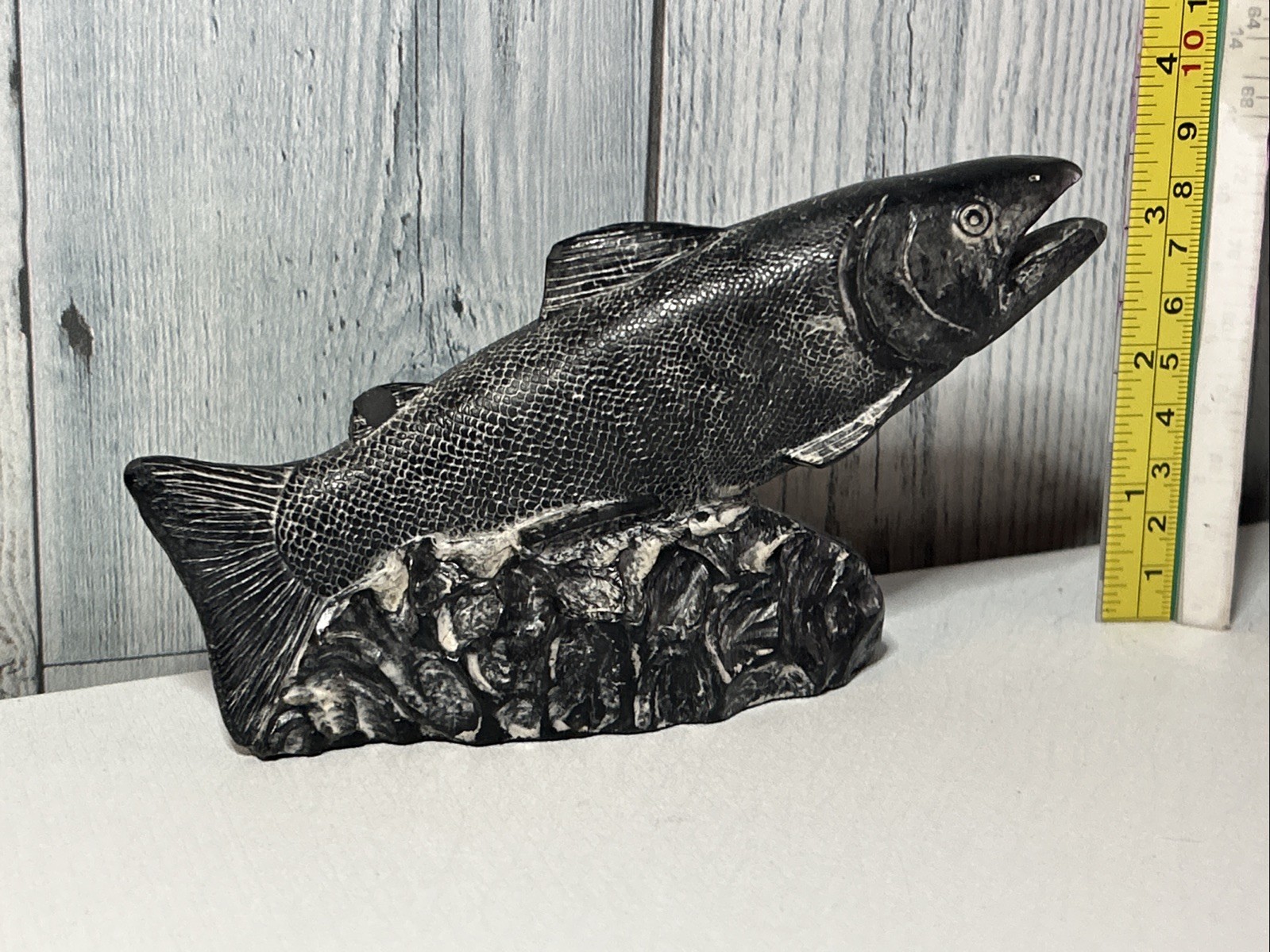 WOLF ORIGINAL SALMON SOAPSTONE FIGURINE, SIGNED WE, HAND MADE IN CANADA