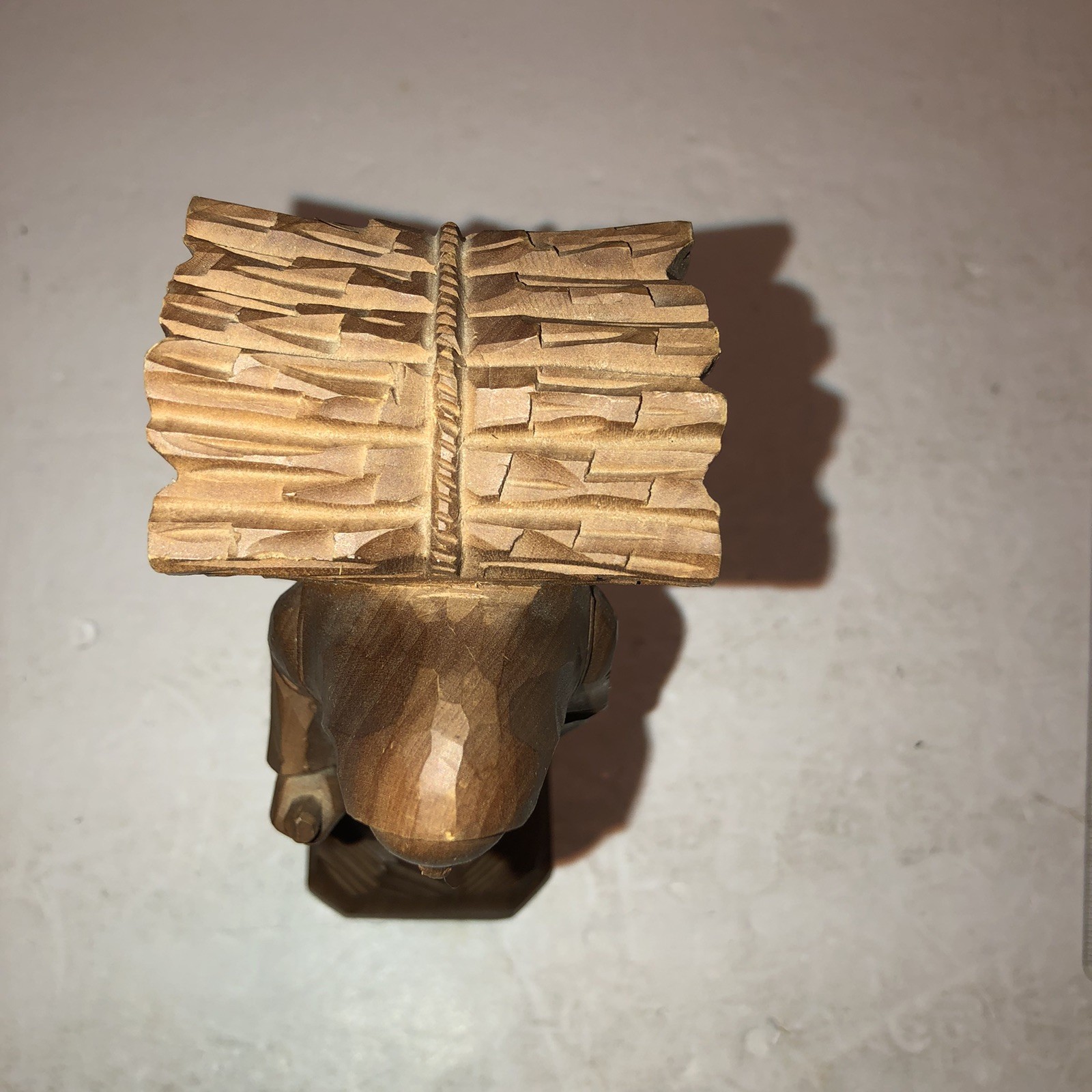 Wood Carved Older Peasant Woman Carrying Firewood Figurine Folk Art Stick Cane