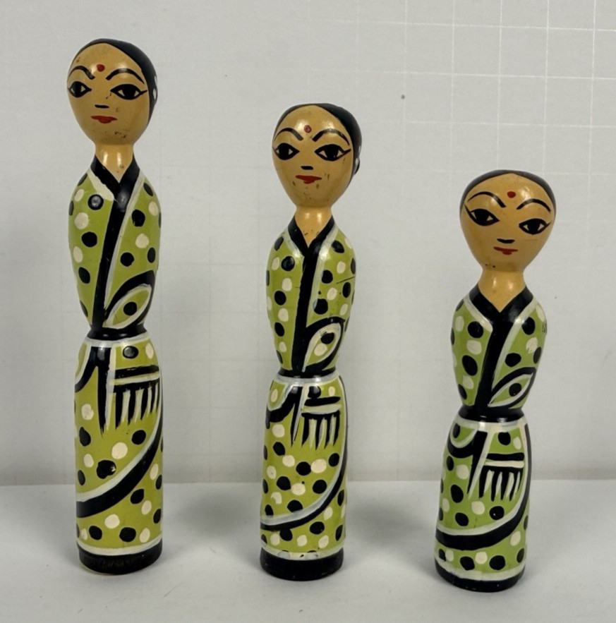 Vtg Wooden Hand Painted Turned Wood Spindle Dolls figurines-Lot of 3