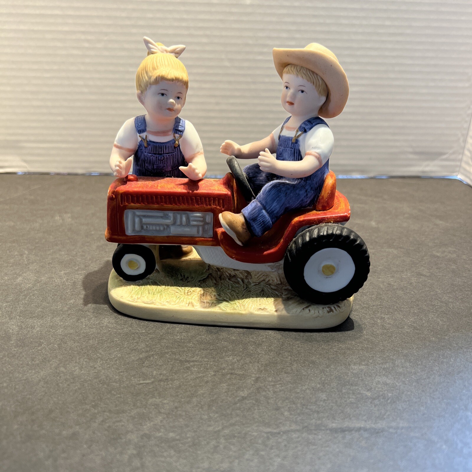 Homco Denim Days Figurine #1525 First Tractor 1985 Red Tractor Boy and Girl