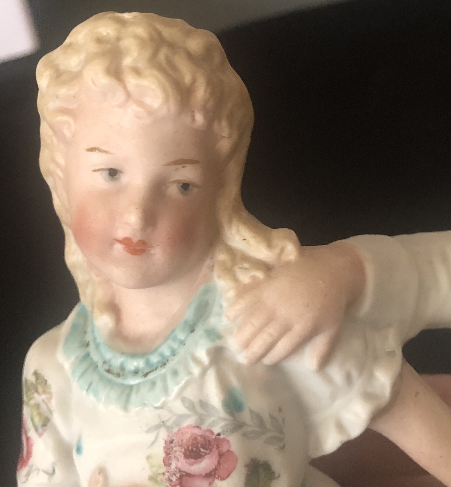 German Heubach Bisque Blind Man’s Bluff Figurine Painted Red Roses 7 3/4