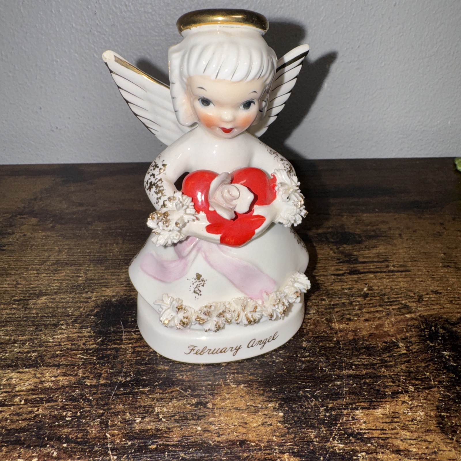 VTG 1950s Napco February Birthday Angel Figurine -halo heart & Spaghetti Japan