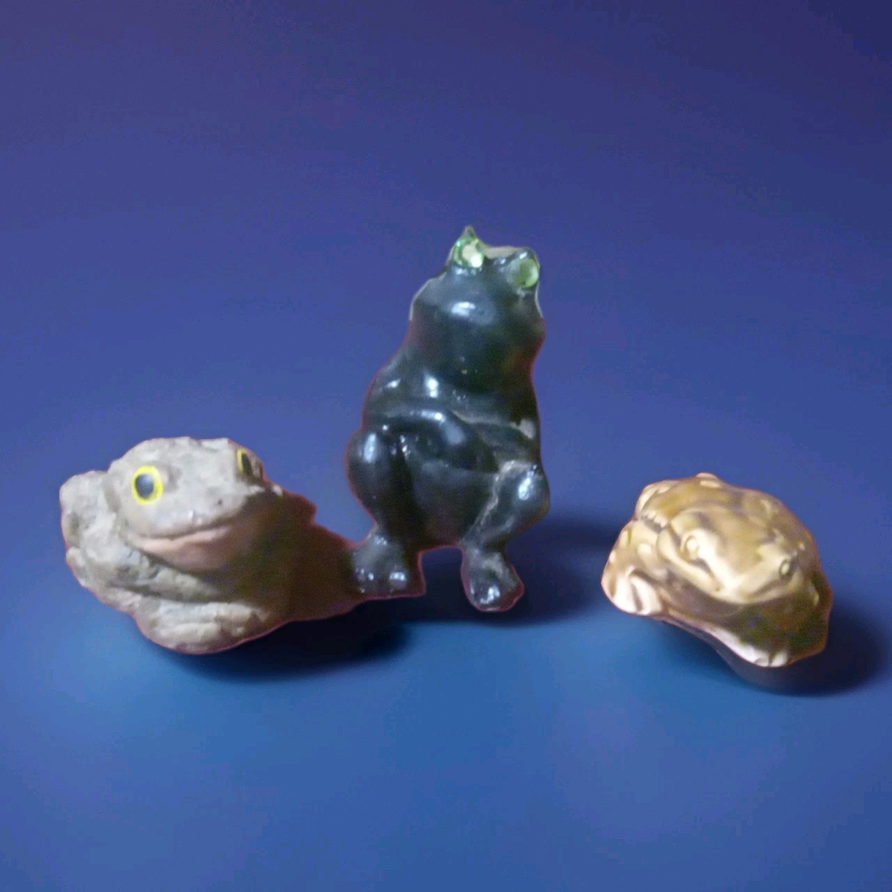 3 Frog Figurines, Wood, Green. Tan Ceramic Marked E3534 & Beige Resin. Vintage