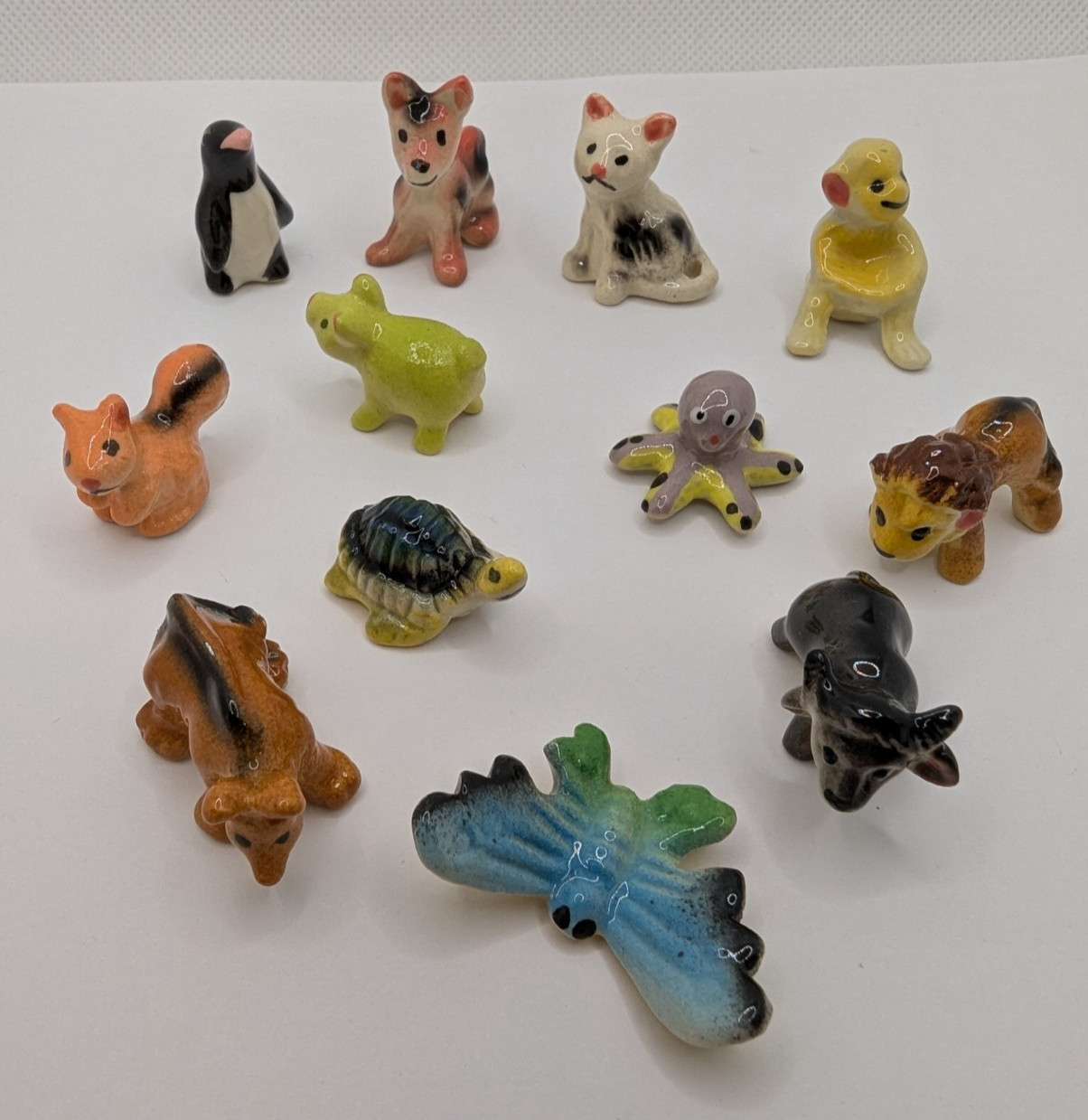 12 Miniature Ceramic Animal Etc. Figurines. Hand Painted. Random Colors Mix.