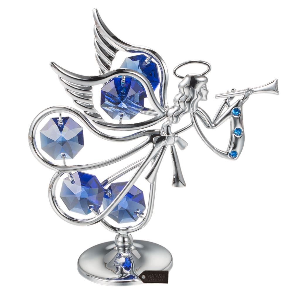 Matashi Chrome Plated Crystal Silver Flying Angel with Playing Trumpet Figurine