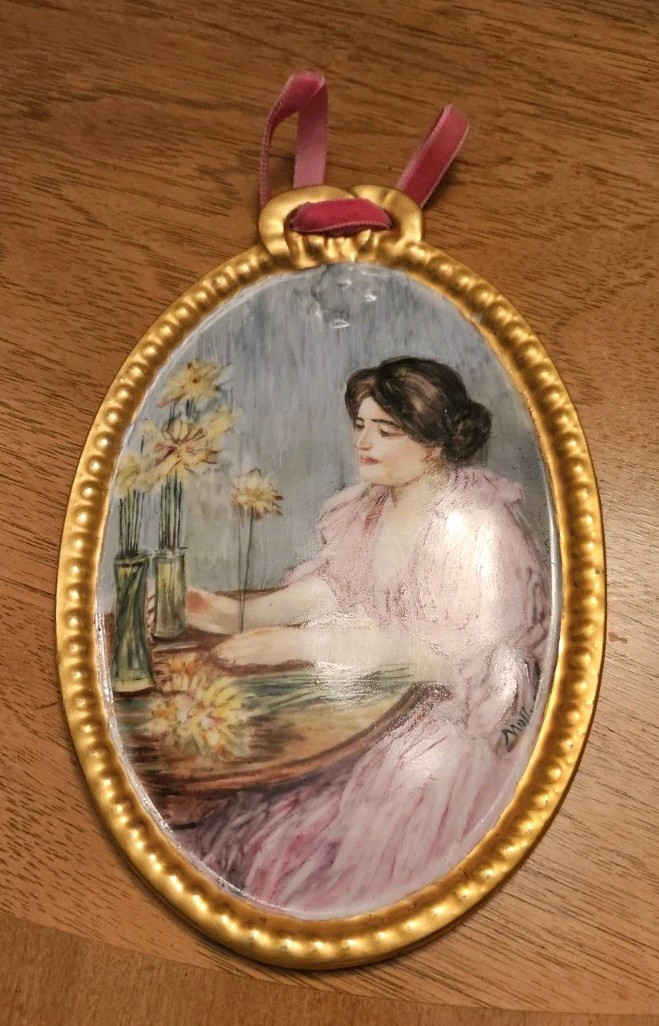 Vtg Hand Painted GDA France Porcelain Miniature Portrait Plaque Gold Trim Signed