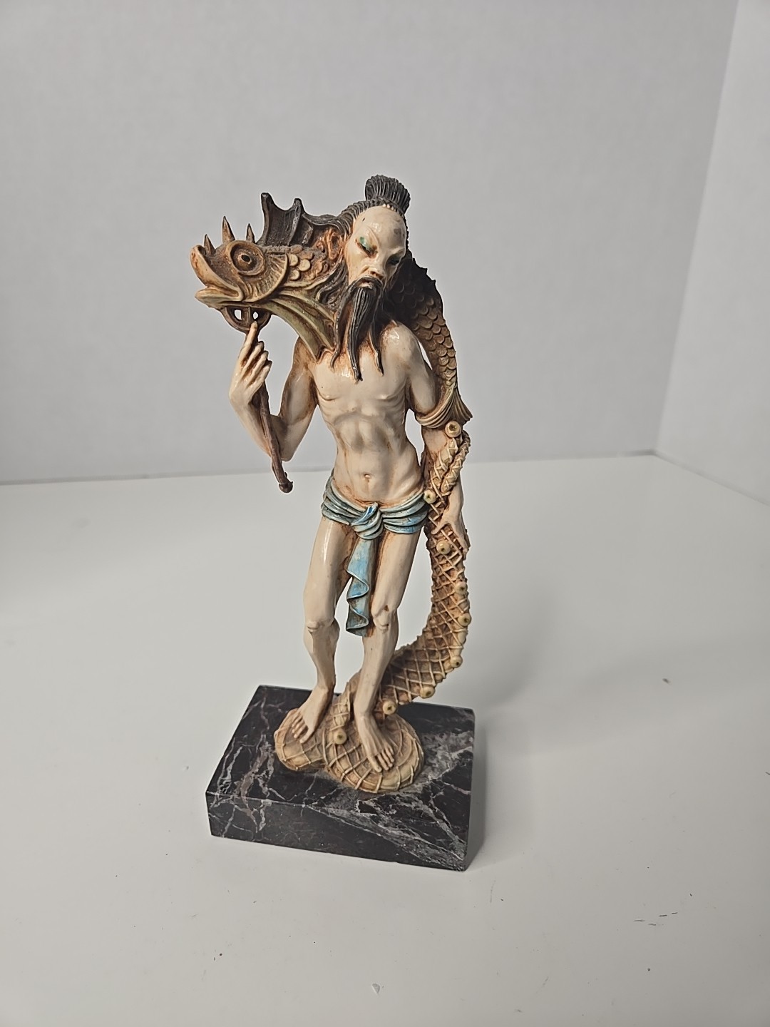 Vintage Sea Creature With Man Figurine Genuine Carrara Marble Stand Made/Italy