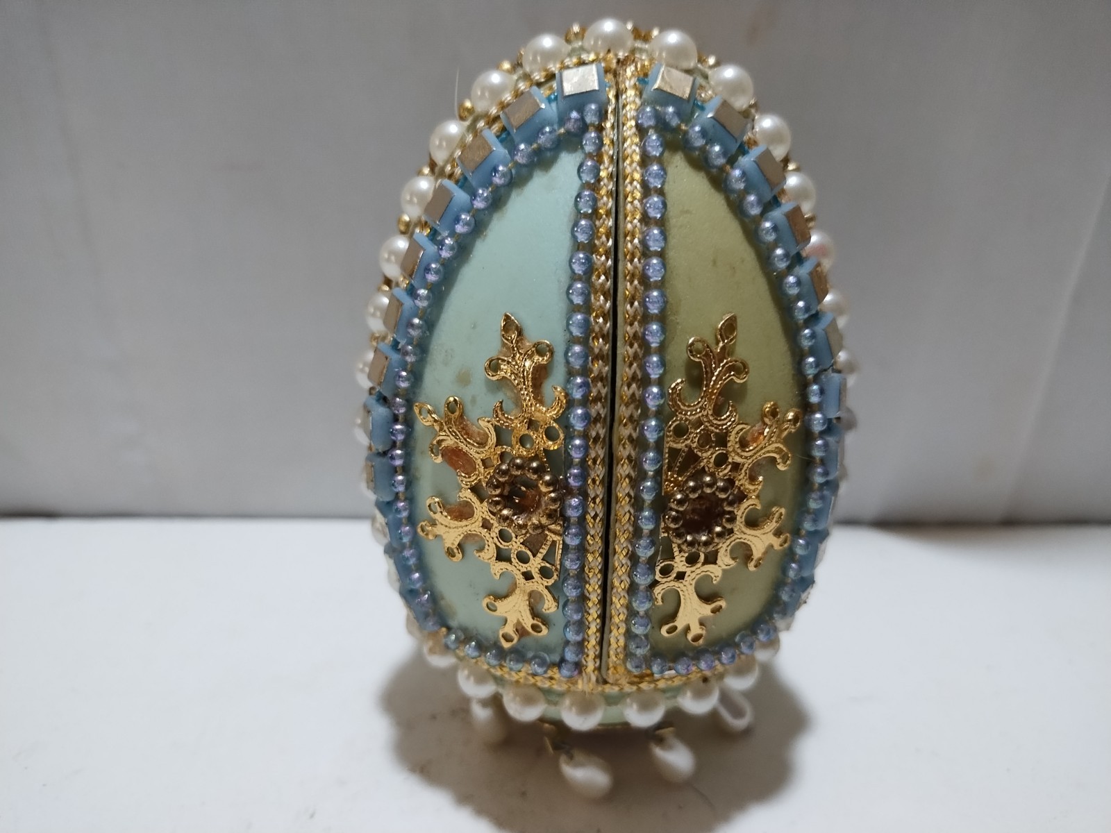 Vintage Diorama Easter Egg Man Fishing W/Child Dog Hinged Door Beaded Goose Egg