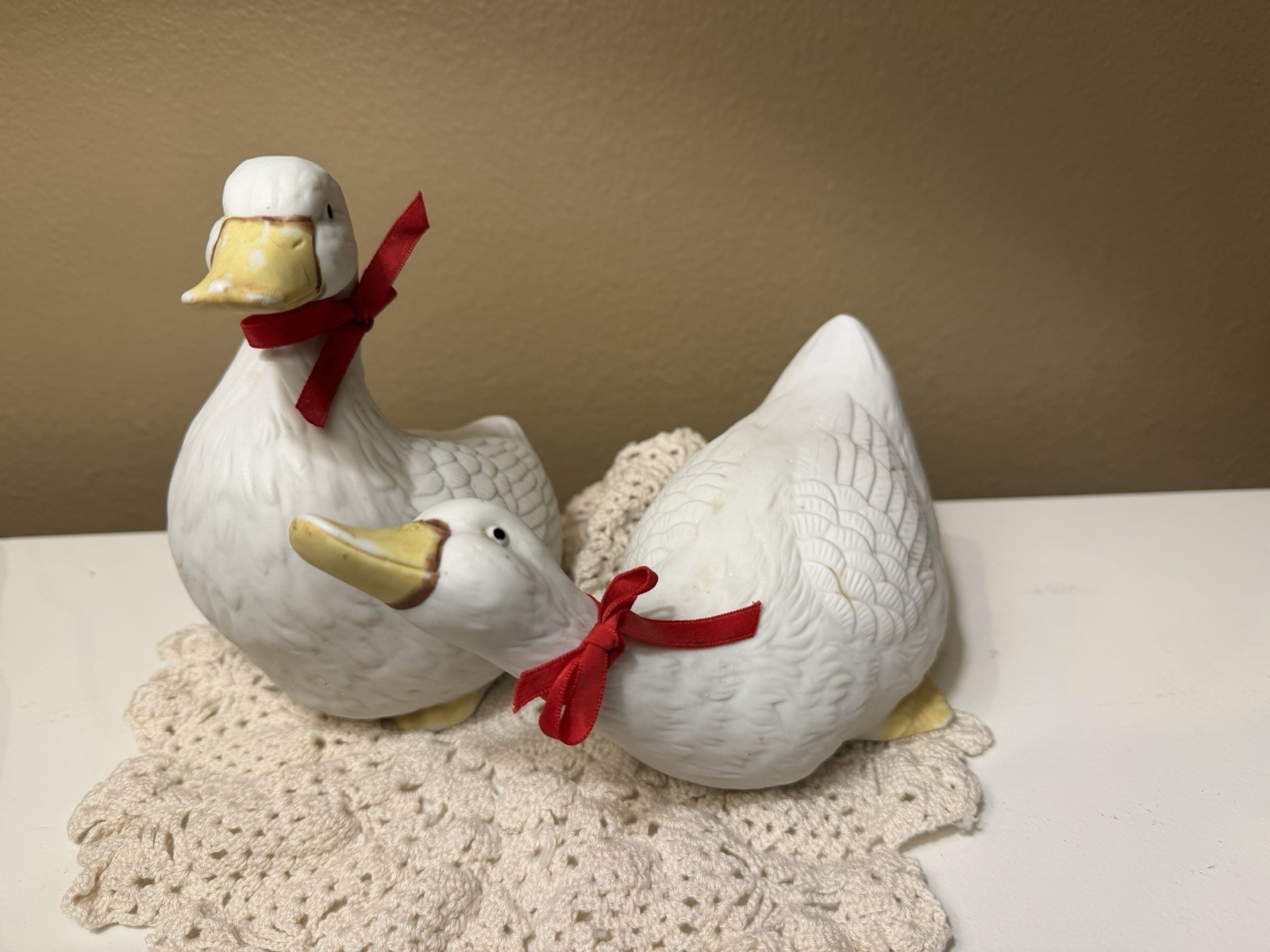 Vintage Matte White Bisque Porcelain Duck/Geese Figurines with Red Bows – Pair,