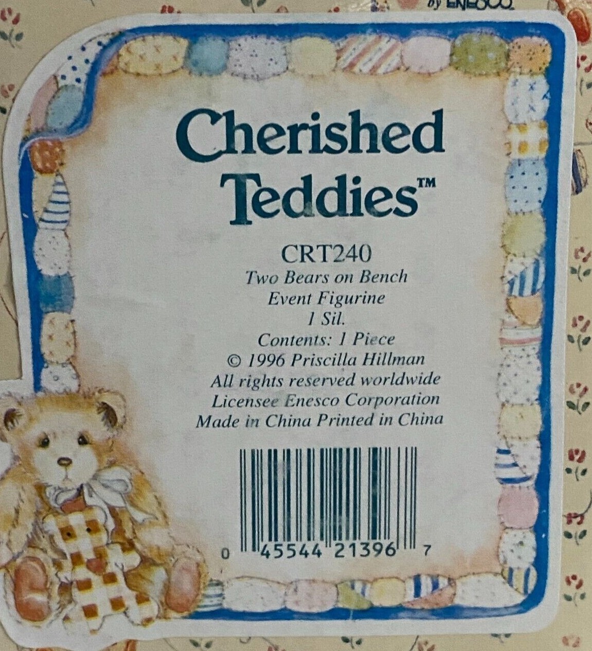 1996 Event Figurine Cherished Teddies CRT240 Two Bears on Bench Ships Free