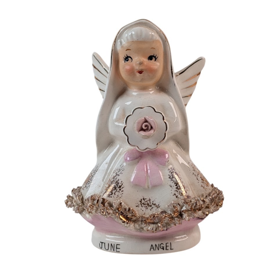 Lefton June Birthday Angel Figurine Porcelain Spaghetti Ruffle 1950s Made Japan