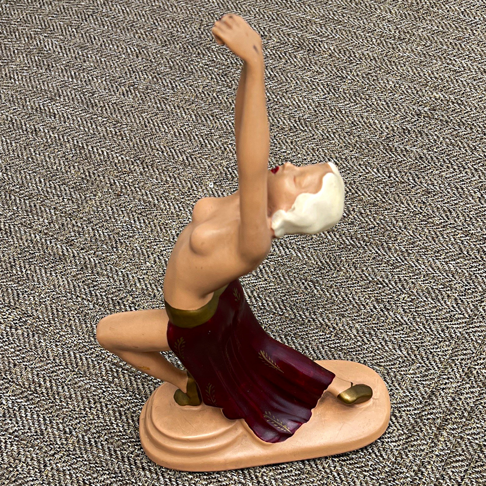 ABCO Vintage Ceramic Flapper Dancer Figurine Burgundy Skirt Gold Accents Painted