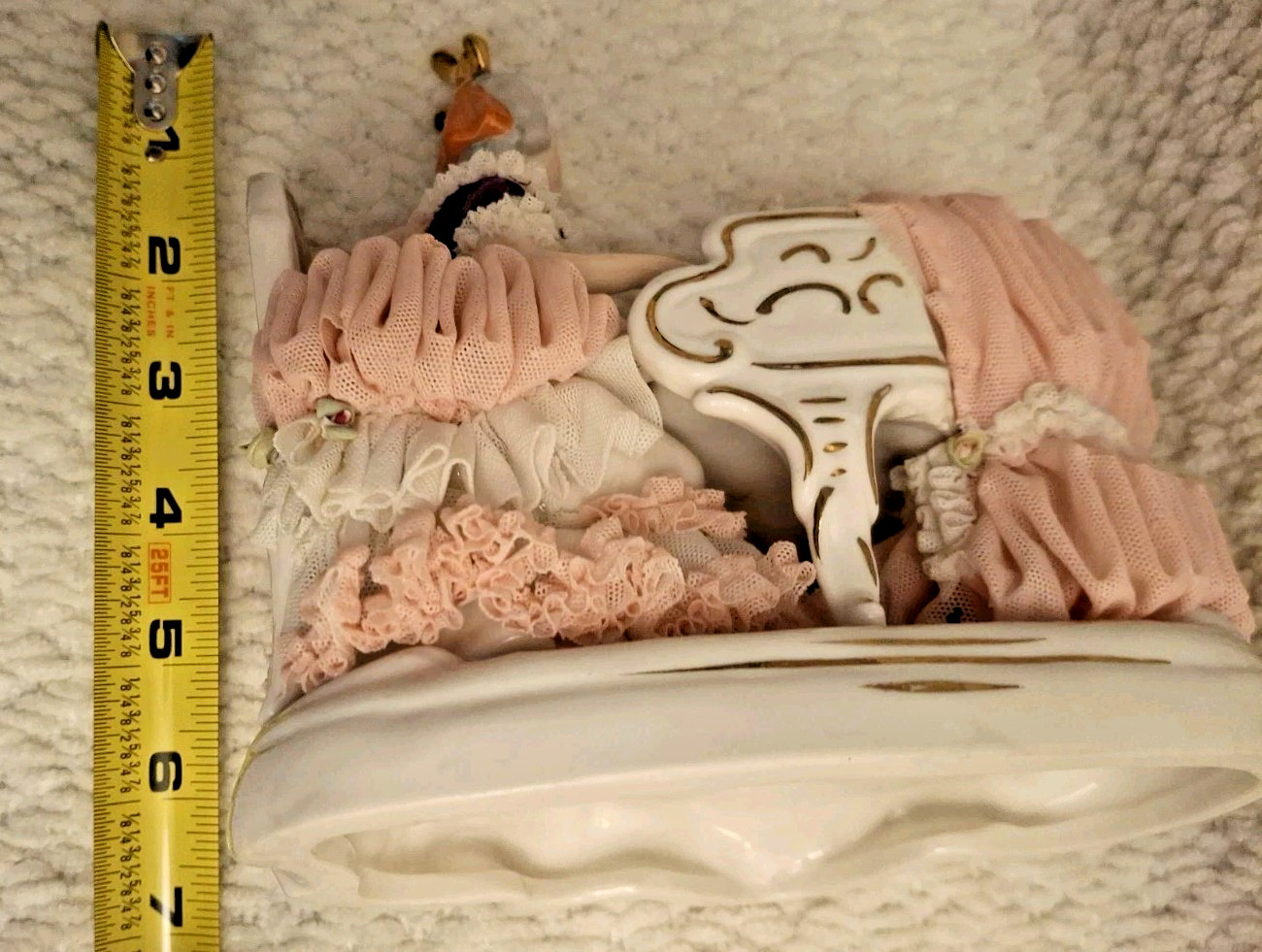 Dresden Lady (Playing Piano) in Pink & White Lace Dipped In Porcelain Germany