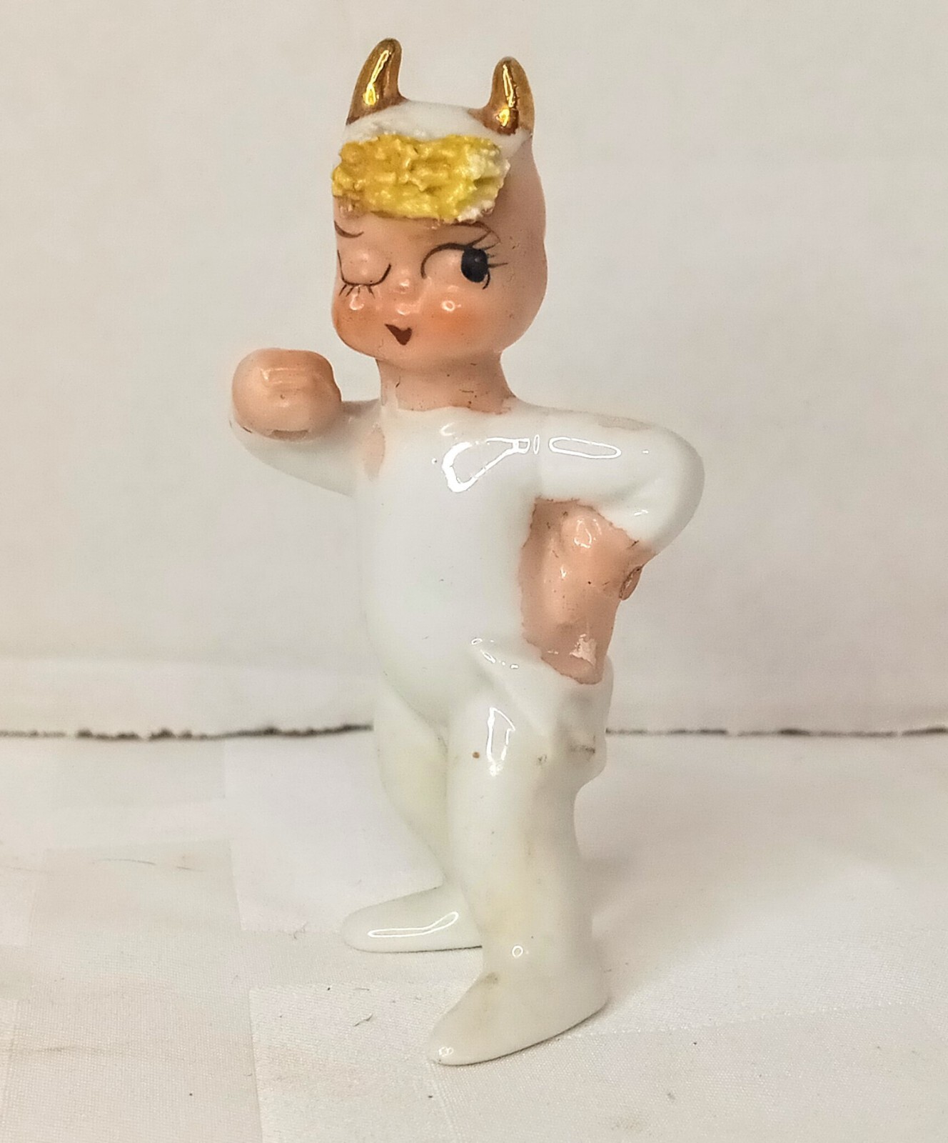 Lefton Vintage Lil Devil Standing Winking Spaghetti Hair 1950’s NO Pitchfork
