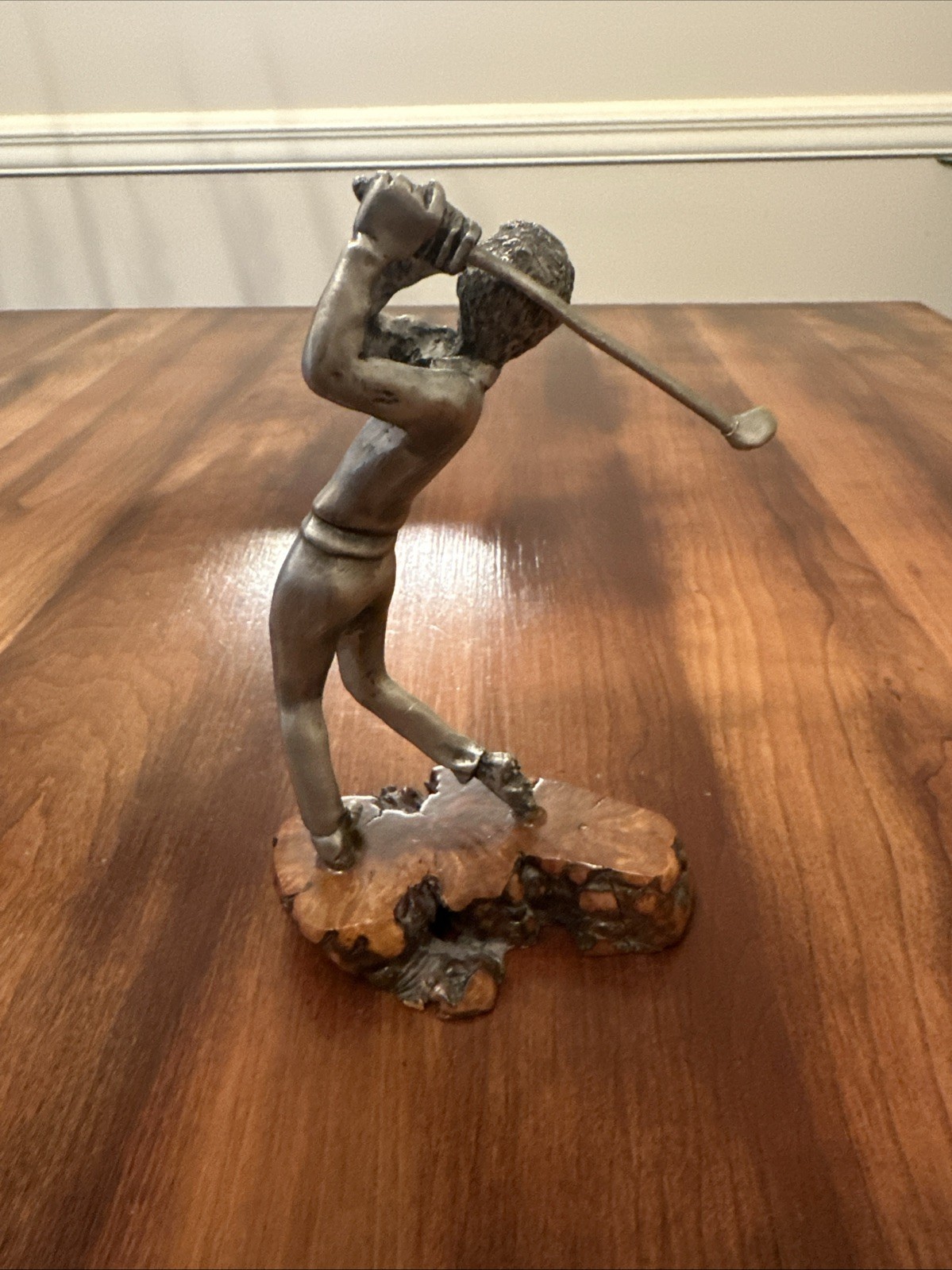 Golfer Statue, In Mid Swing Detailed Sculpture Figure On Wood Stand 6.5”