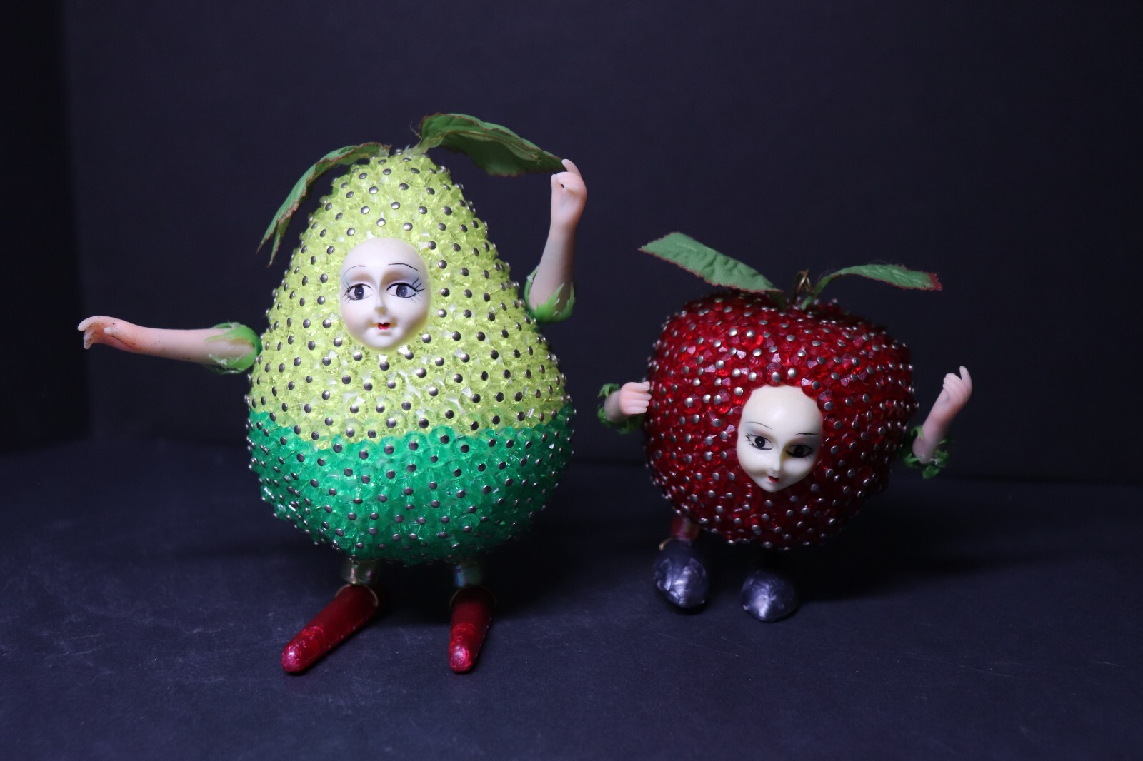 Vtg Beaded Fruit People Figurines – Pear and Apple with Doll Faces