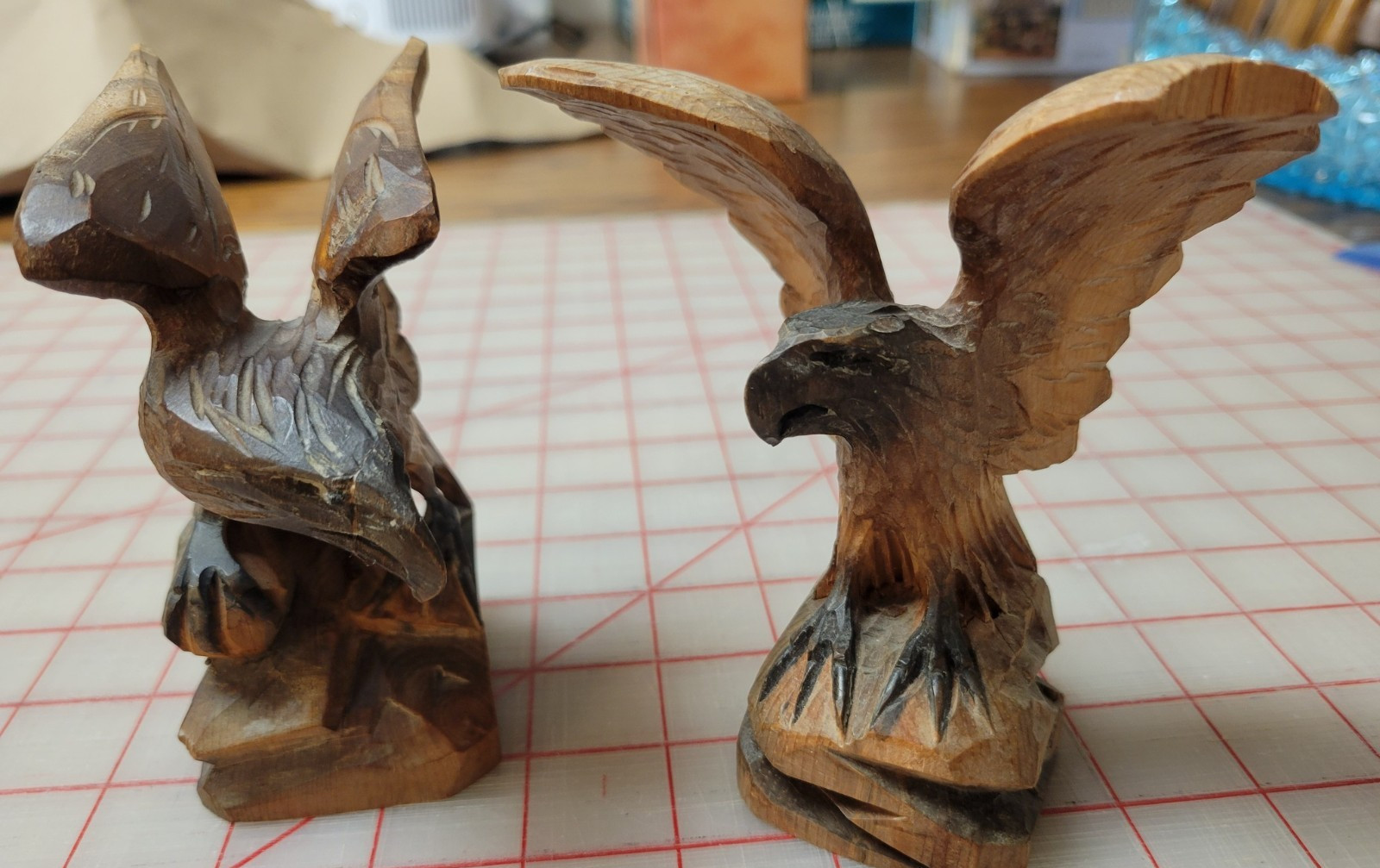 Vintage Hand-Carved Pair of Wooden Folk Art Eagles