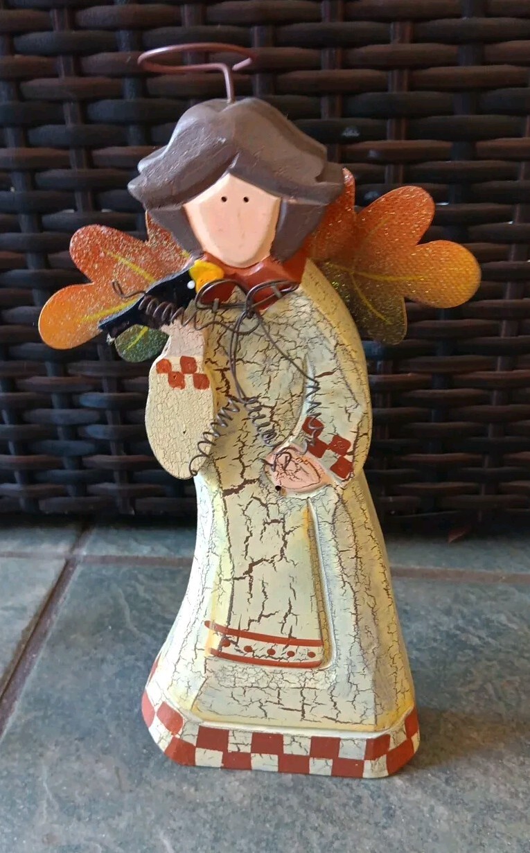 Wood Angels W/ Pumpkin Standing Fall Thanksgiving Decor 9.5″ Set Of 2