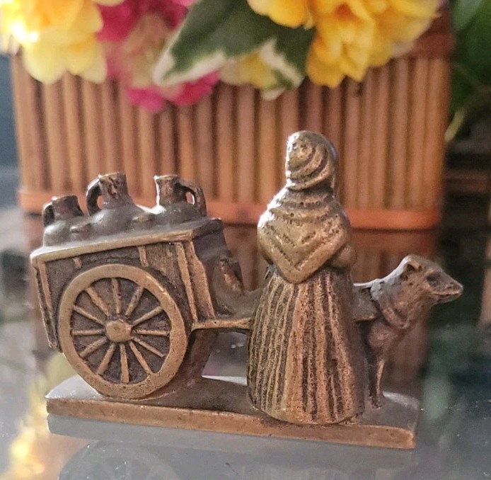 Dog Pulling Milk Cart Handmade Cast Bronze Heavy Marked YPRES Rare Vintage