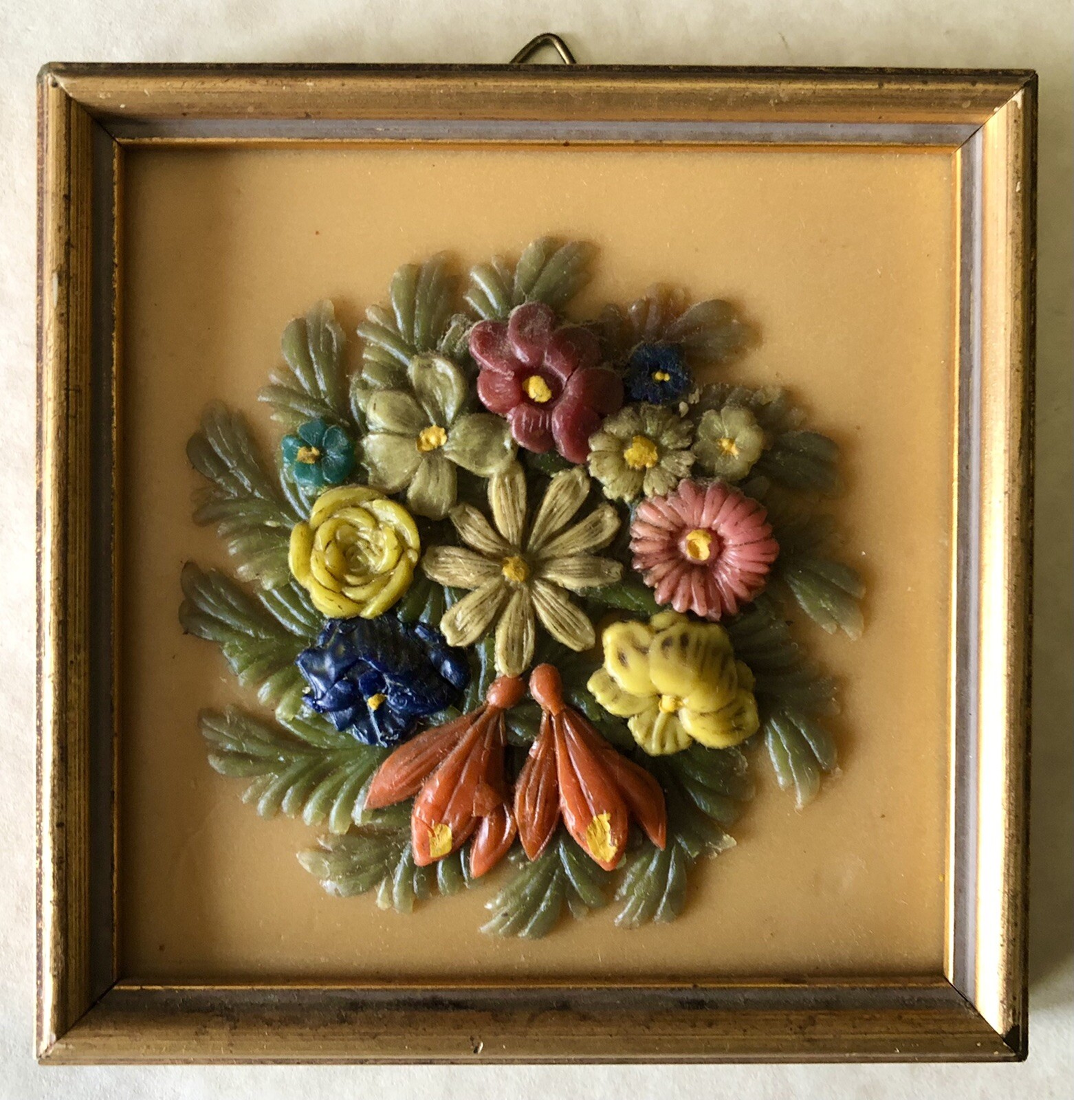 Vintage Wax Folk Art Sculpture 3D FLOWER Picture German Hand Made Carved Detail