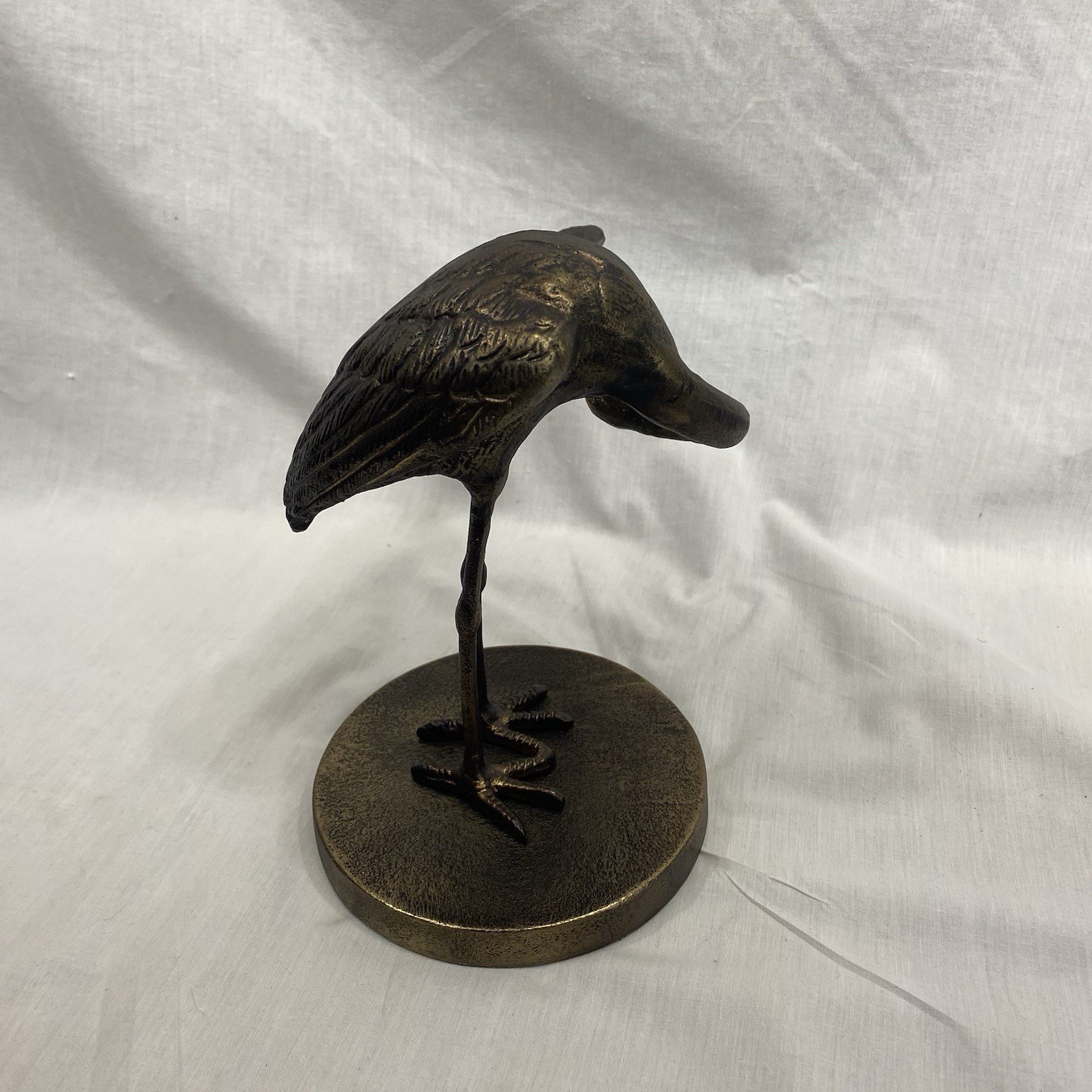 Cast Metal Crane Heron Sculpture Cleaning Its Wing 8.5in Tall 11in Wide