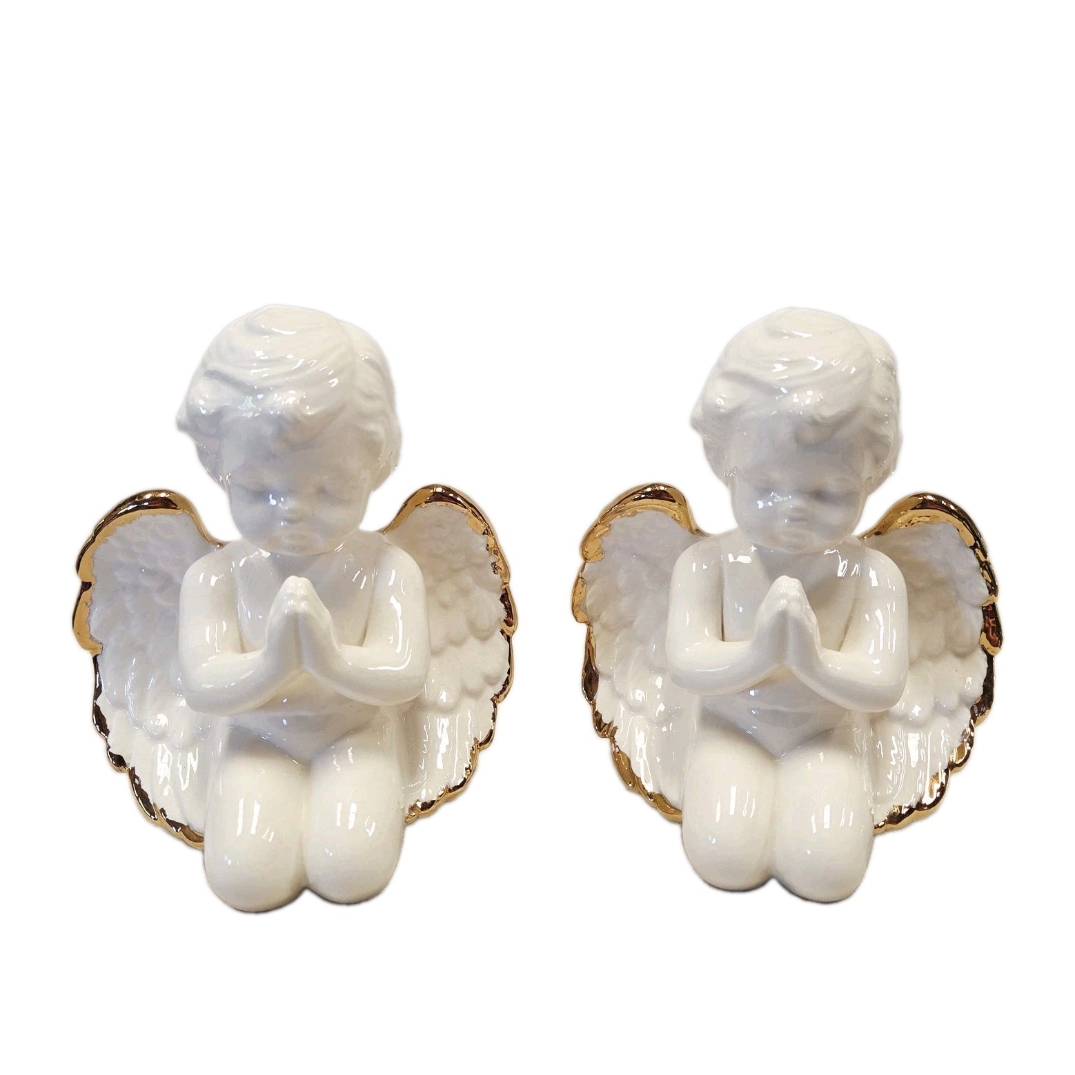Kneeling Praying Angel Cherub Porcelain Pair Figurines White Memorials Christmas