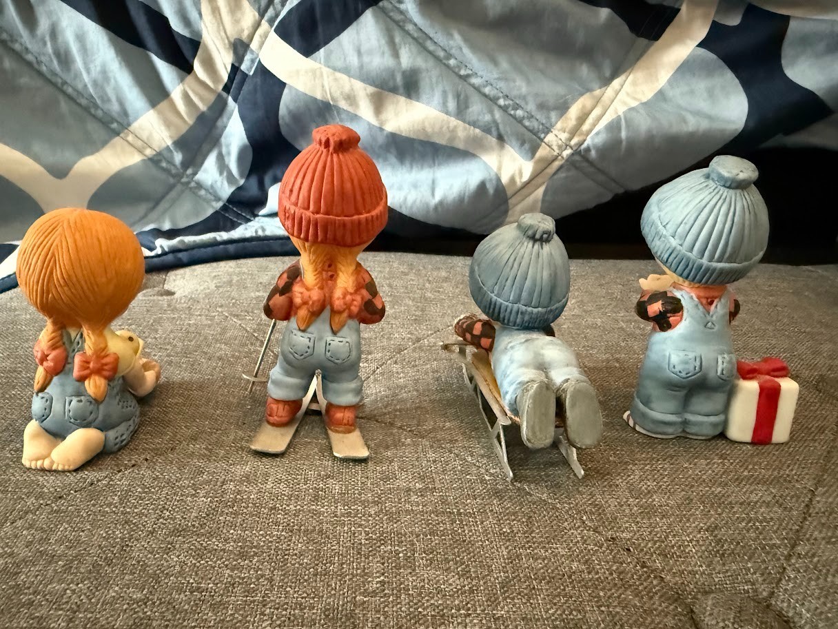 Lot 4 Vintage Enesco Figures Country Cousins Skier Sledding Katie Bird Porcelain
