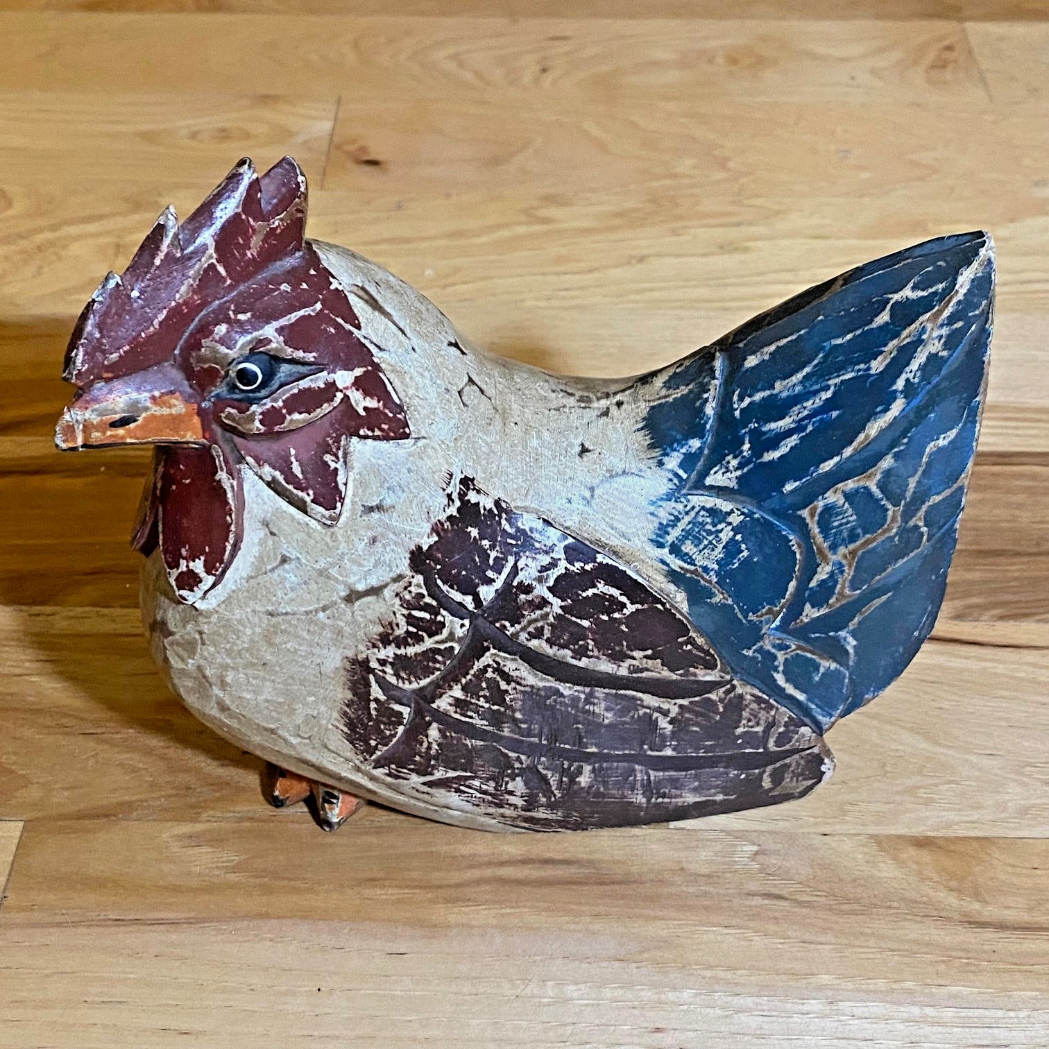 Vintage Folk Art Wooden Carved Chicken Painted Rustic Collectible Wood Farm Hen