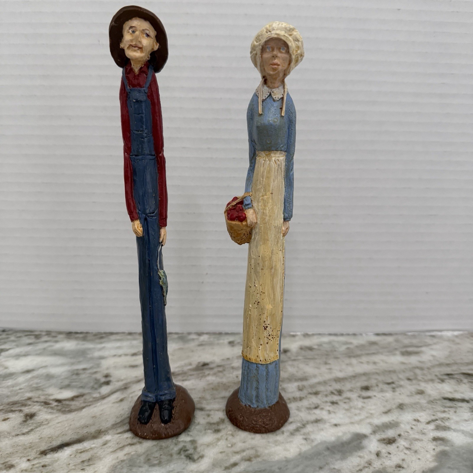 Amish Skinny Pencil Figurines Farmers Woman W/Apples & Man W/Fish Country Core