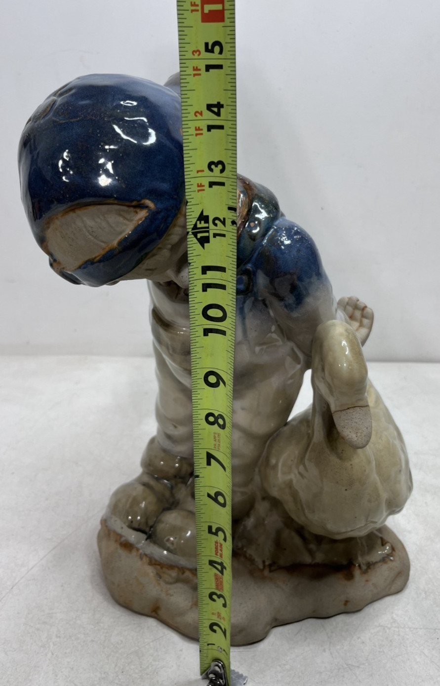 Vintage Ceramic Boy Goose Figurine 15” Hand-Glazed Child Figure Statue Blue Hat