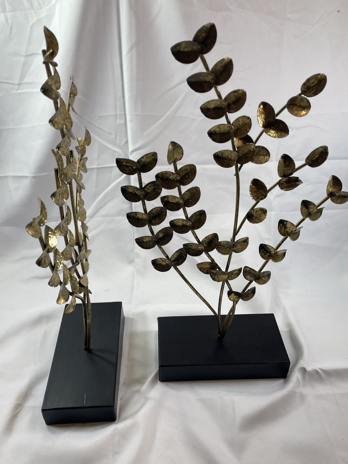 Pair of Gold Metal Leaf Sculptures Freestanding Modern on Black Base
