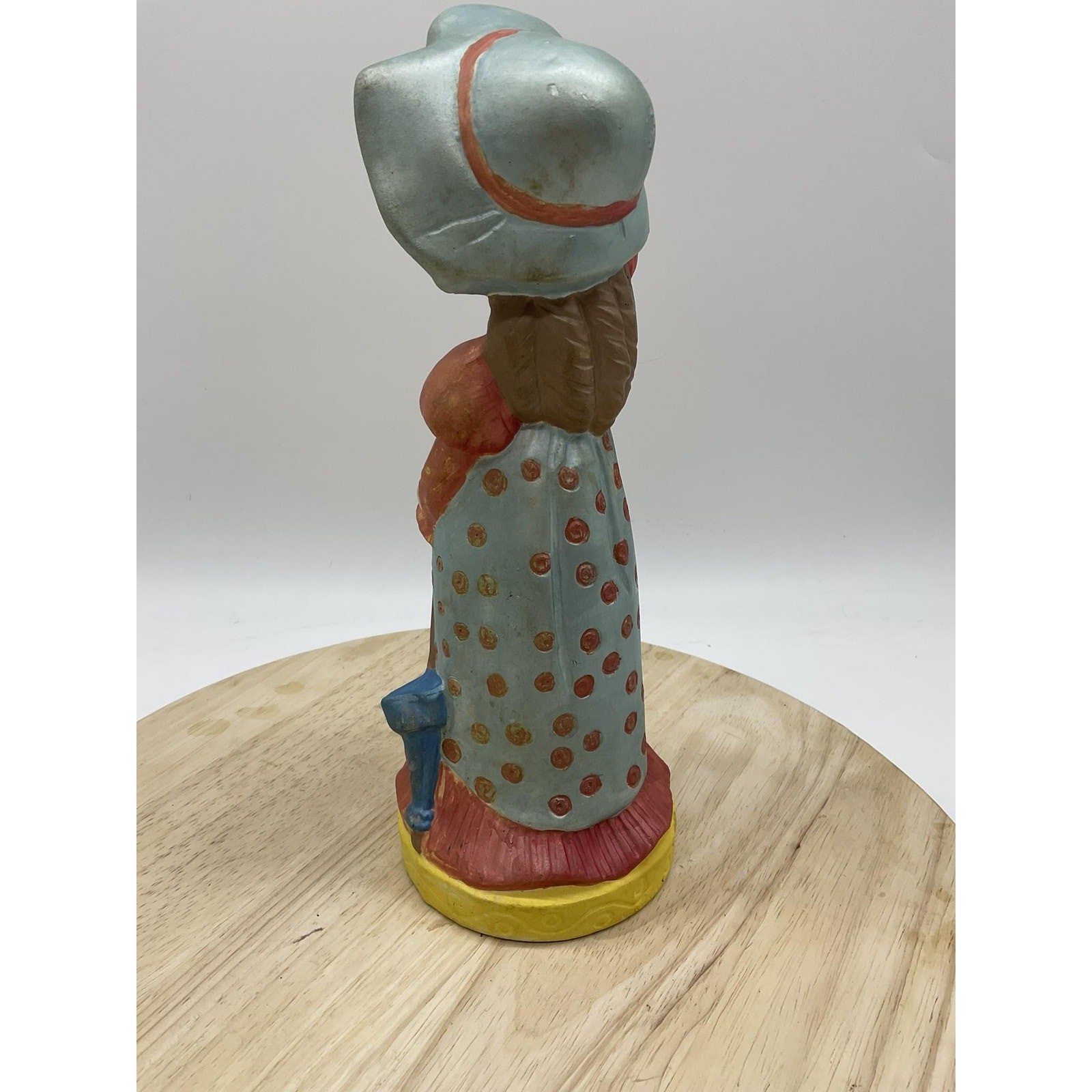 Vintage Unmarked Chalk Girl Figurine Bonnet Polka Dot Dress Medium Multicolor