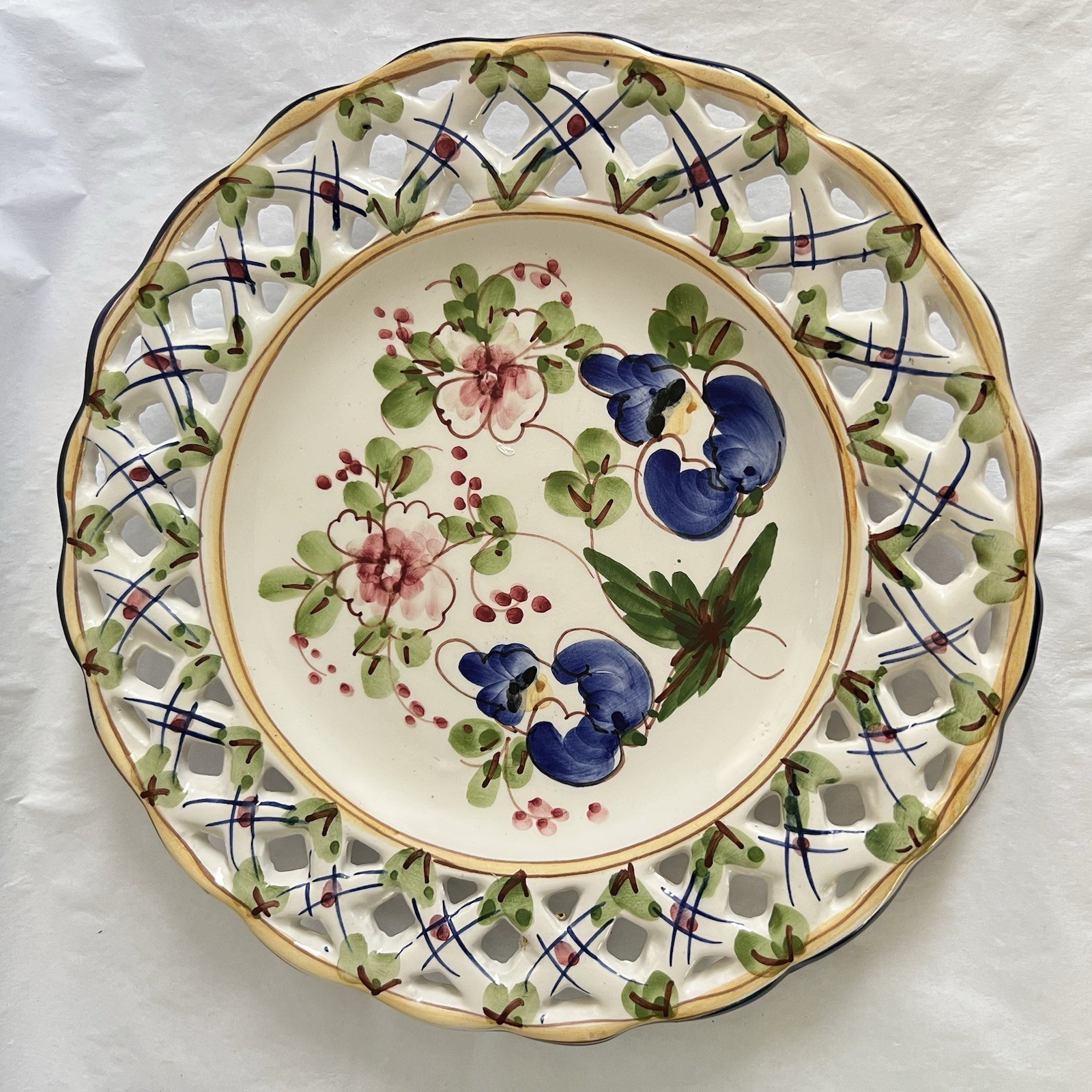 VTG Hand Painted Pottery Decorative Plate Cottagecore 11.5” Floral Portugal