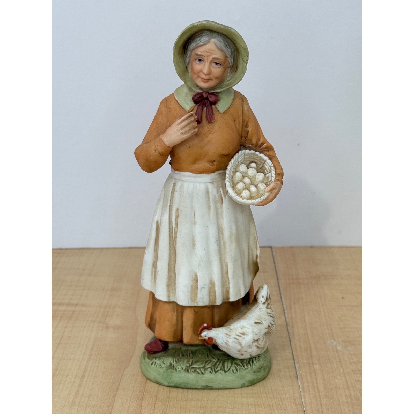 Vintage Porcelain Farm Woman Figurine with Eggs and Hen 1426 Bisque 8.5 Inch