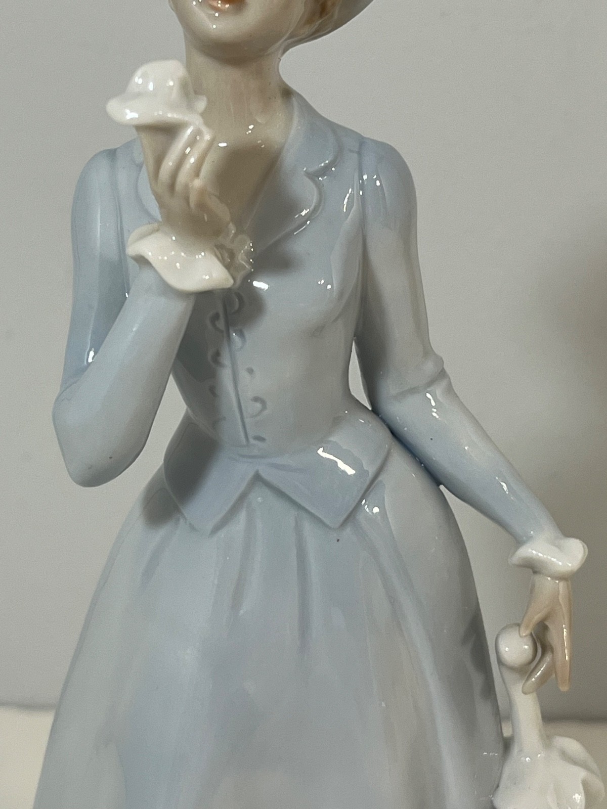 Ethan Allen Porcelain Figurine Woman in Blue and White Dress with Parasol F007A