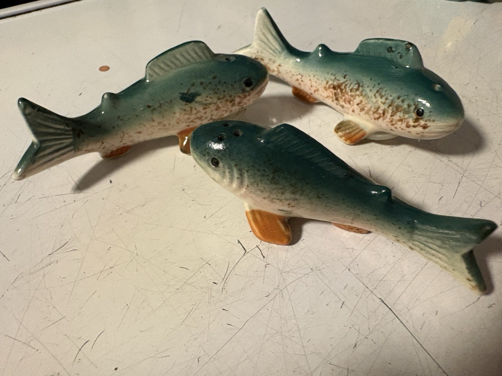Hand Painted Glossy Ceramic Fish Figurines Set of 3, Green/White/Brown