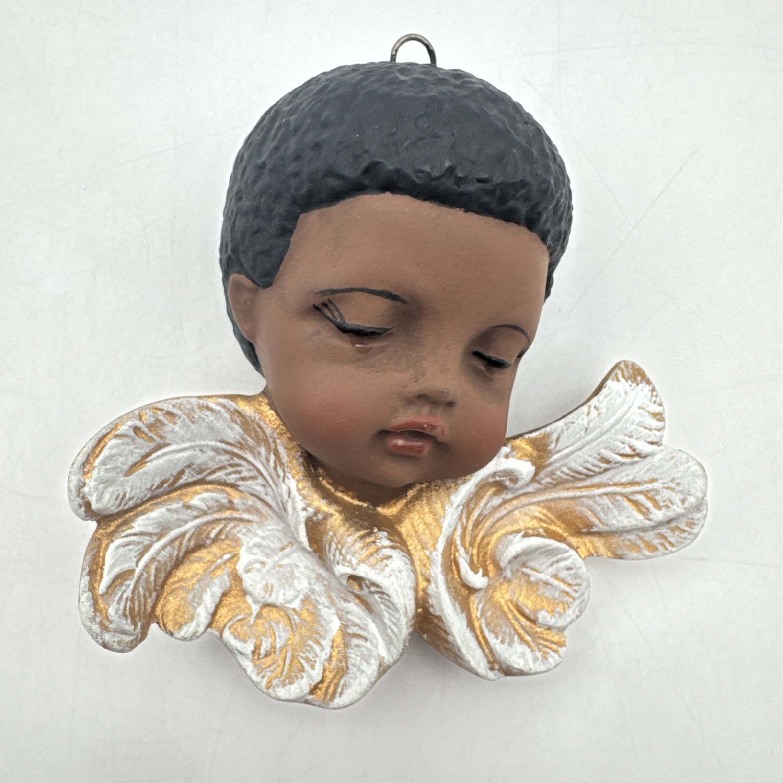 2 Black Scioto Cherub Angels Ornament Wall 1 Eyes Open, 1 Sleeping Eyes