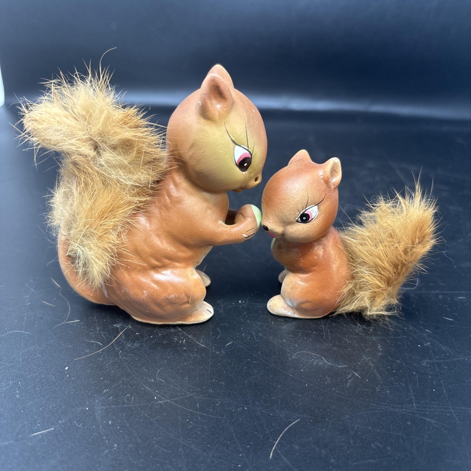 Vintage Squirrels Ceramic Enesco Japan Figurines Faux Fur 2pc Set Japan