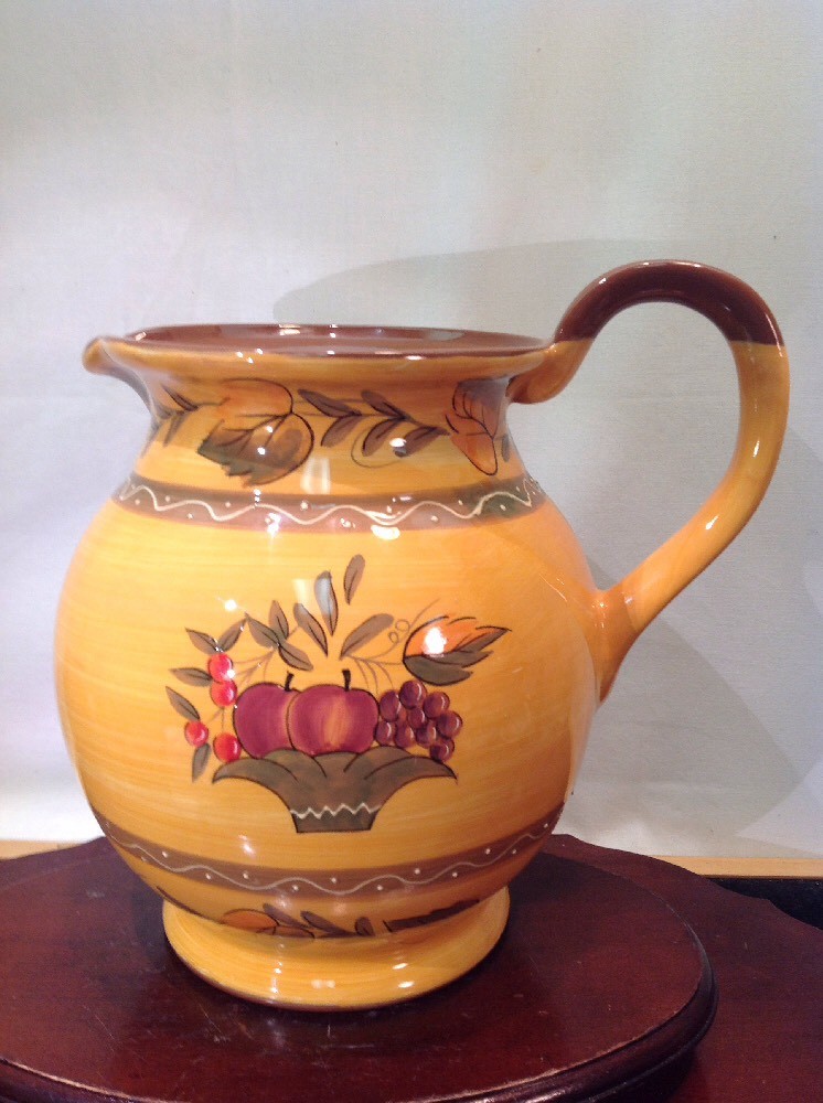 Vintage Autumn Harvest Large Ceramic Pitcher Hand Painted 11 Inches Tall